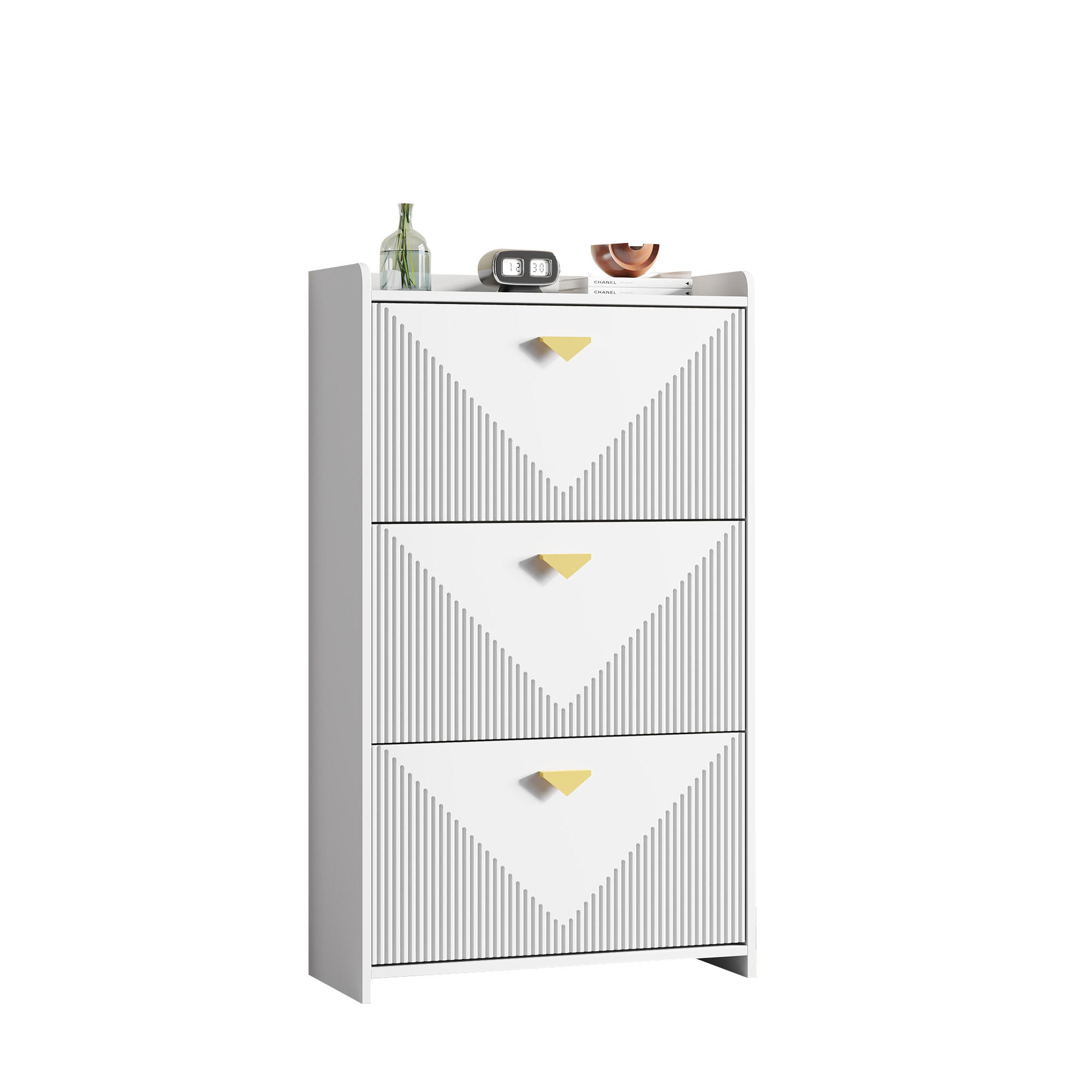 SCHUHSCHRANK in Weiß Schuhkommode mit 3 Klapptüren & 6 Schuhfächern, MDF, Vakuumformdesign, B70/T30/H120cm - Weiß, Holzwerkstoff (70/120/30cm) - STILVORA