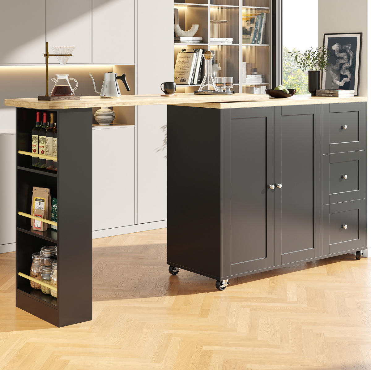 BARTISCH ausziehbar 135-203x39x106cm Schwarz 360°drehbar mit Rollen - Schwarz, Holzwerkstoff (203/106/39cm) - Modfu