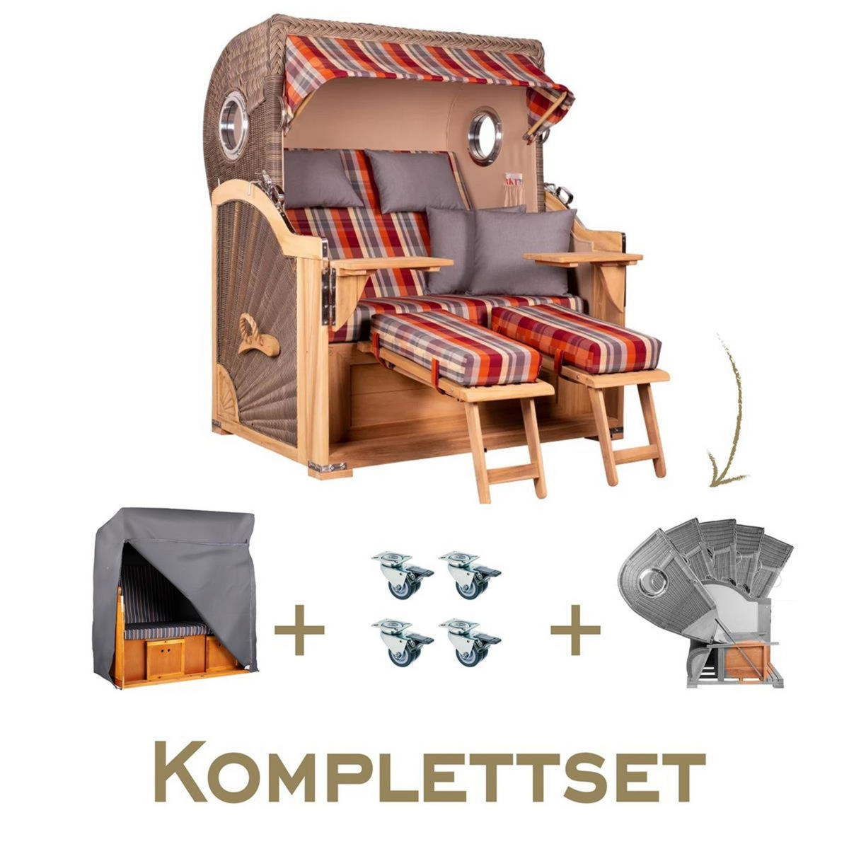 STRANDKORB Komplettset Baltikum Teak Bullauge PE Grey Dessin 584 - Rot/Braun, Naturmaterialien/Metall (142/170/95cm) - Mr. Deko