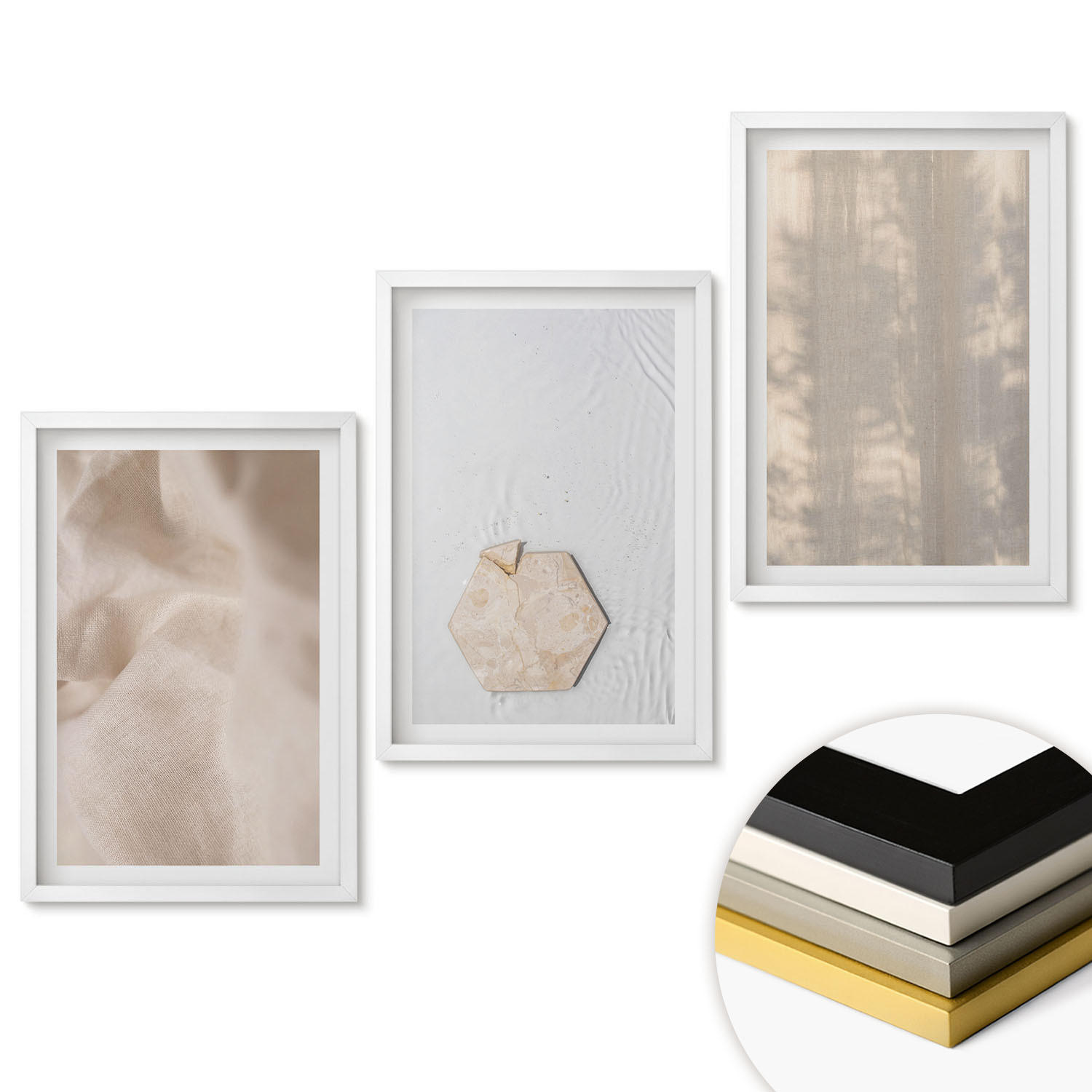 WANDBILDER 3er-Set - 40x60 cm Weißer Rahmen - Subtile Texturen, Boho-Natur - Weiß, Kunststoff (40/60cm) - ArtPrintCave