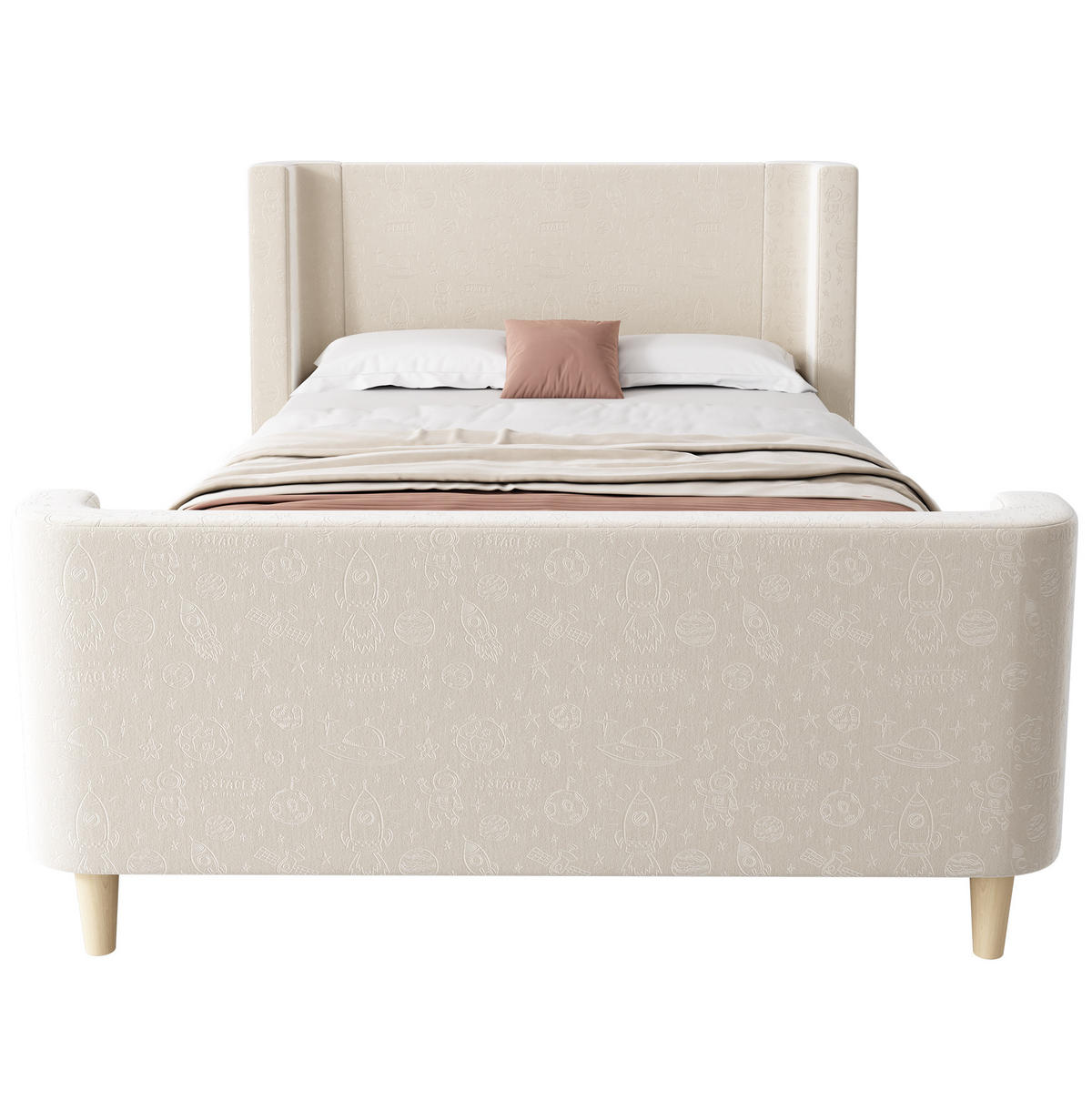 KINDERBETT 90/200 cm in Beige aus Samt mit Weltraummuster und Schlittenform - Beige, Textil (90/200cm) - Flora Grace