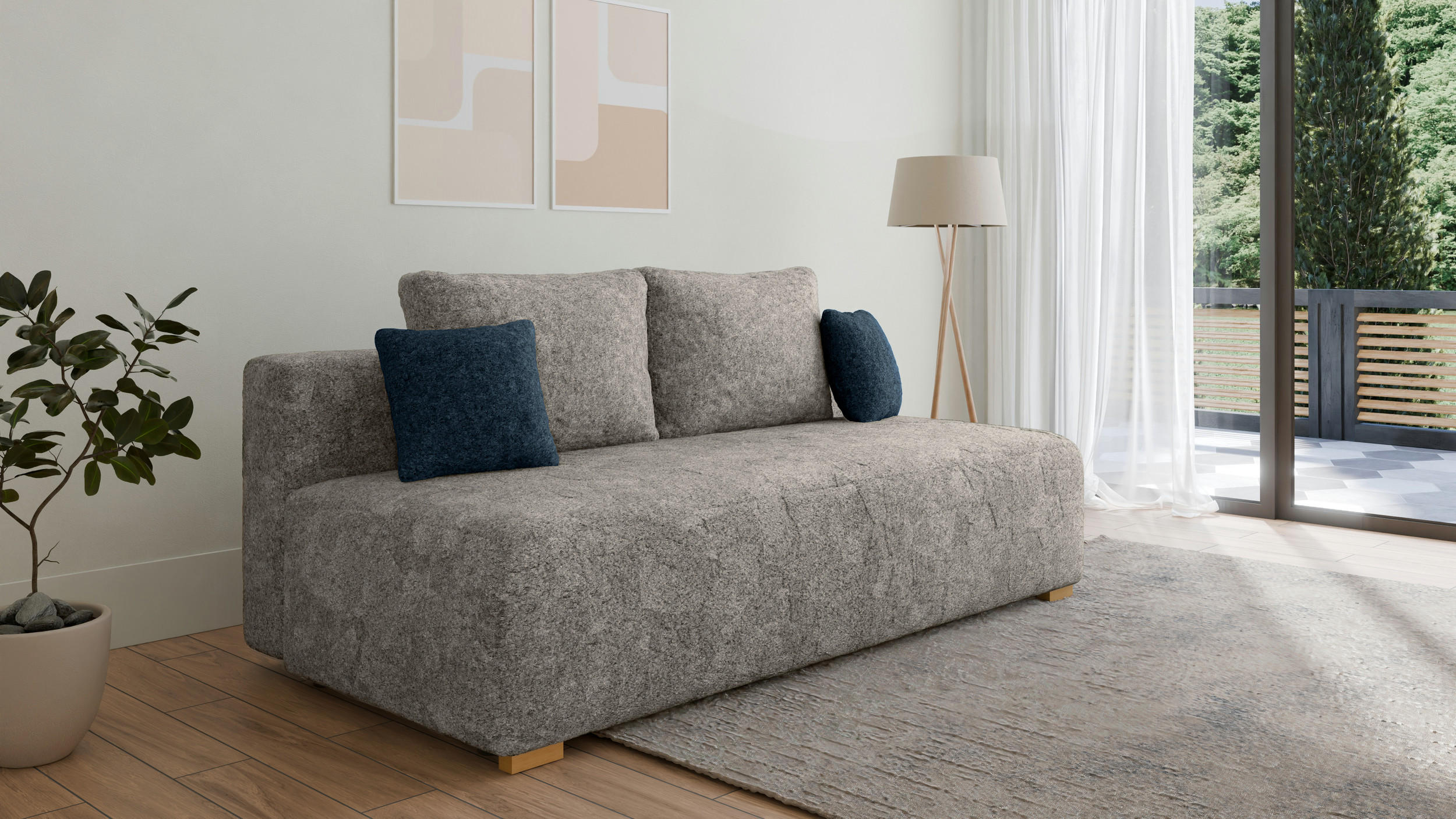 SCHLAFSOFA - Polstersofa aus Bouclé - Grau (Arena 17 + Arena 22 Kissen) - Dunkelblau/Grau, Holzwerkstoff (200/90/100cm) - Möblo