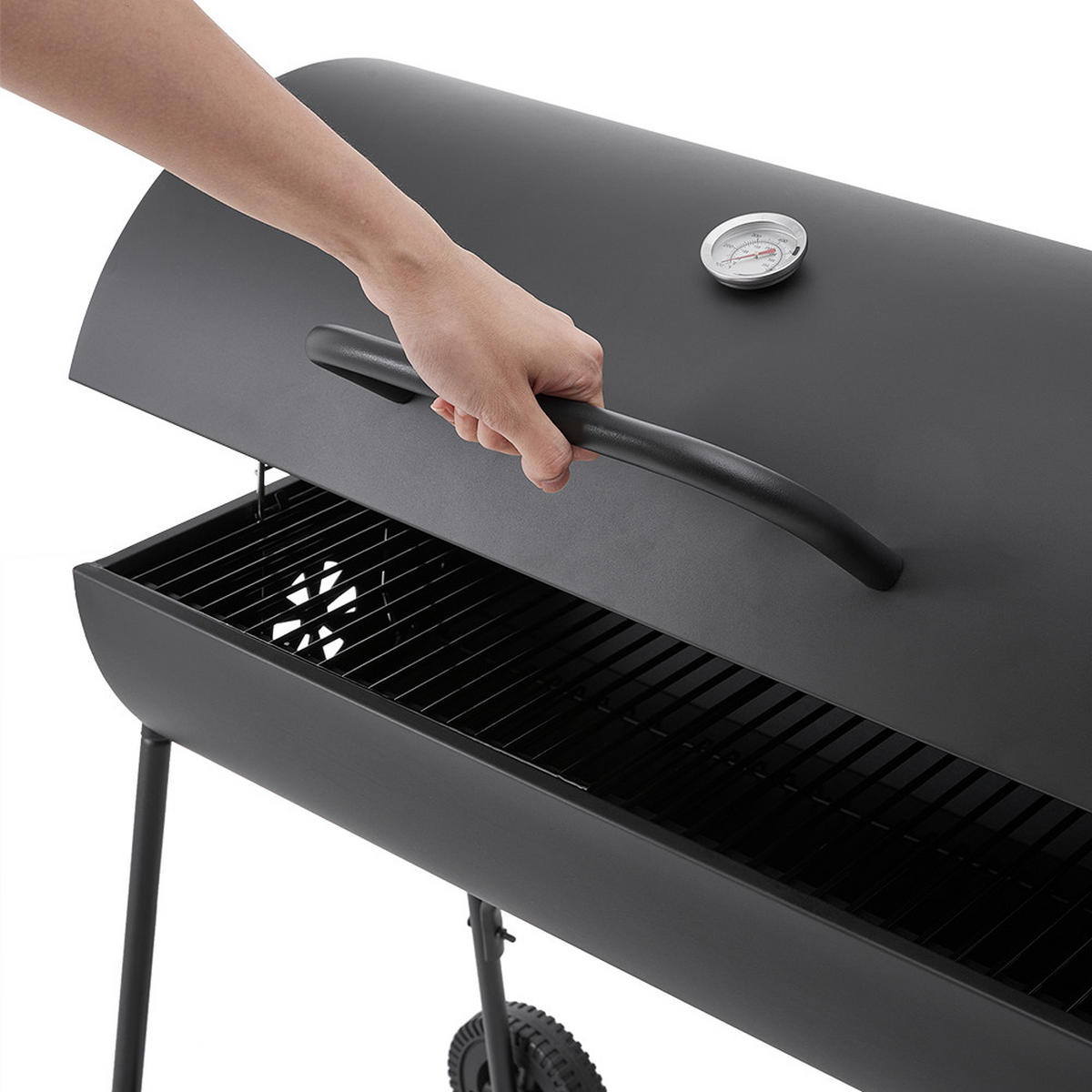 HOLZKOHLEGRILL mit Rollen aus Kohlenstoffstahl in Schwarz für draußen Carbonstahl groß mobil – ideal für Familienfeiern 79 x 68 x 90 cm 10,5 kg - Schwarz, Metall (68/90/79cm) - Livingandhome