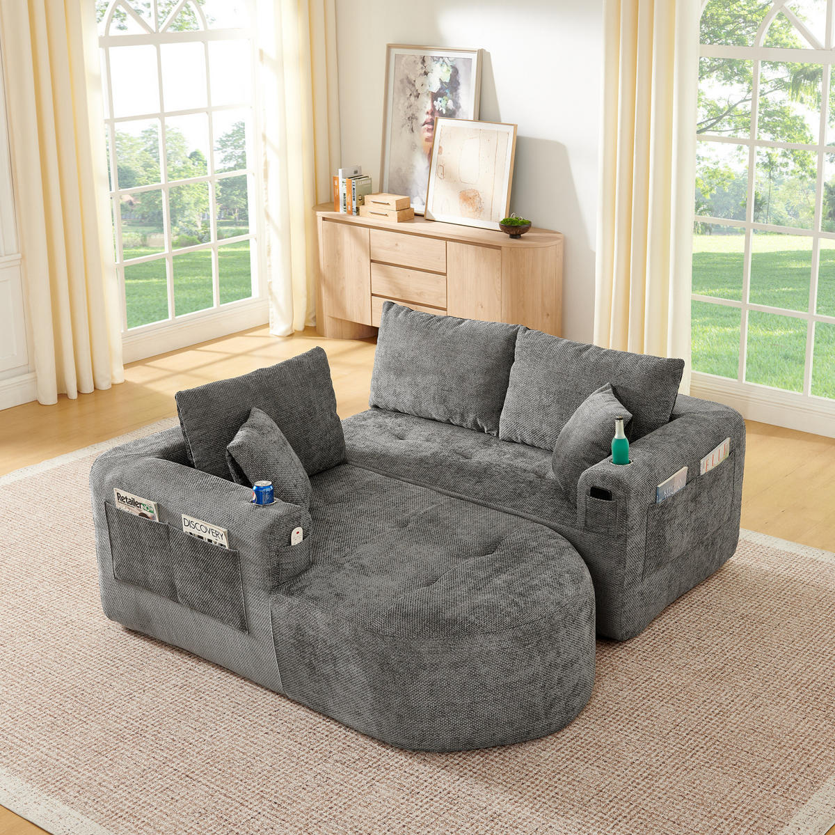 ECKSOFA L-Form montagefrei mit Edelstahl-Becherhalter, Seitentaschen und Leinenoptik, Grau - Grau, Textil (255/170cm) - Redom