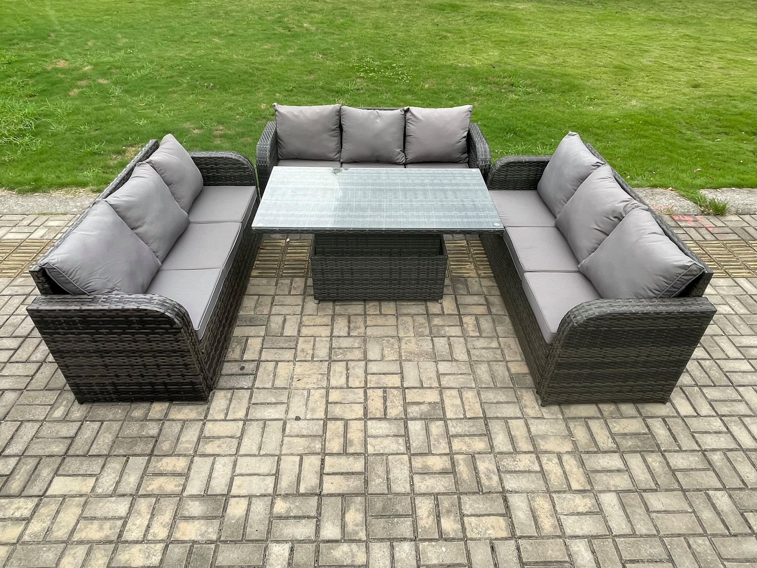 GARTENSOFA SET Polyrattan 9-Sitzer - Dunkelgrau/Grau, Glas/Kunststoff - Fimous