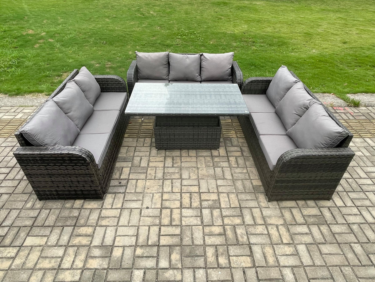GARTENSOFA SET Polyrattan 9-Sitzer - Dunkelgrau/Grau, Glas/Kunststoff - Fimous