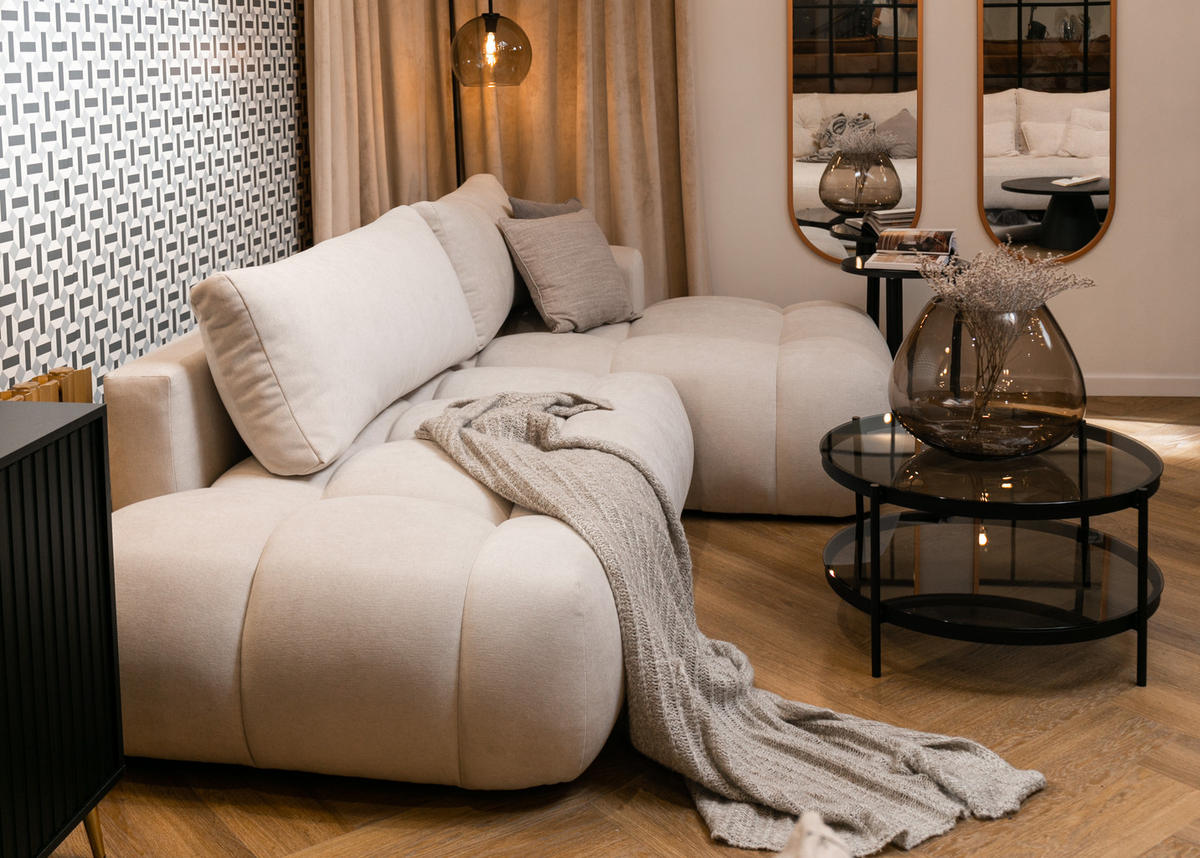 ECKSOFA Ombo Cremeweiß Chenille 280 cm - Creme/Schwarz, Kunststoff/Textil (284/167cm) - Selsey