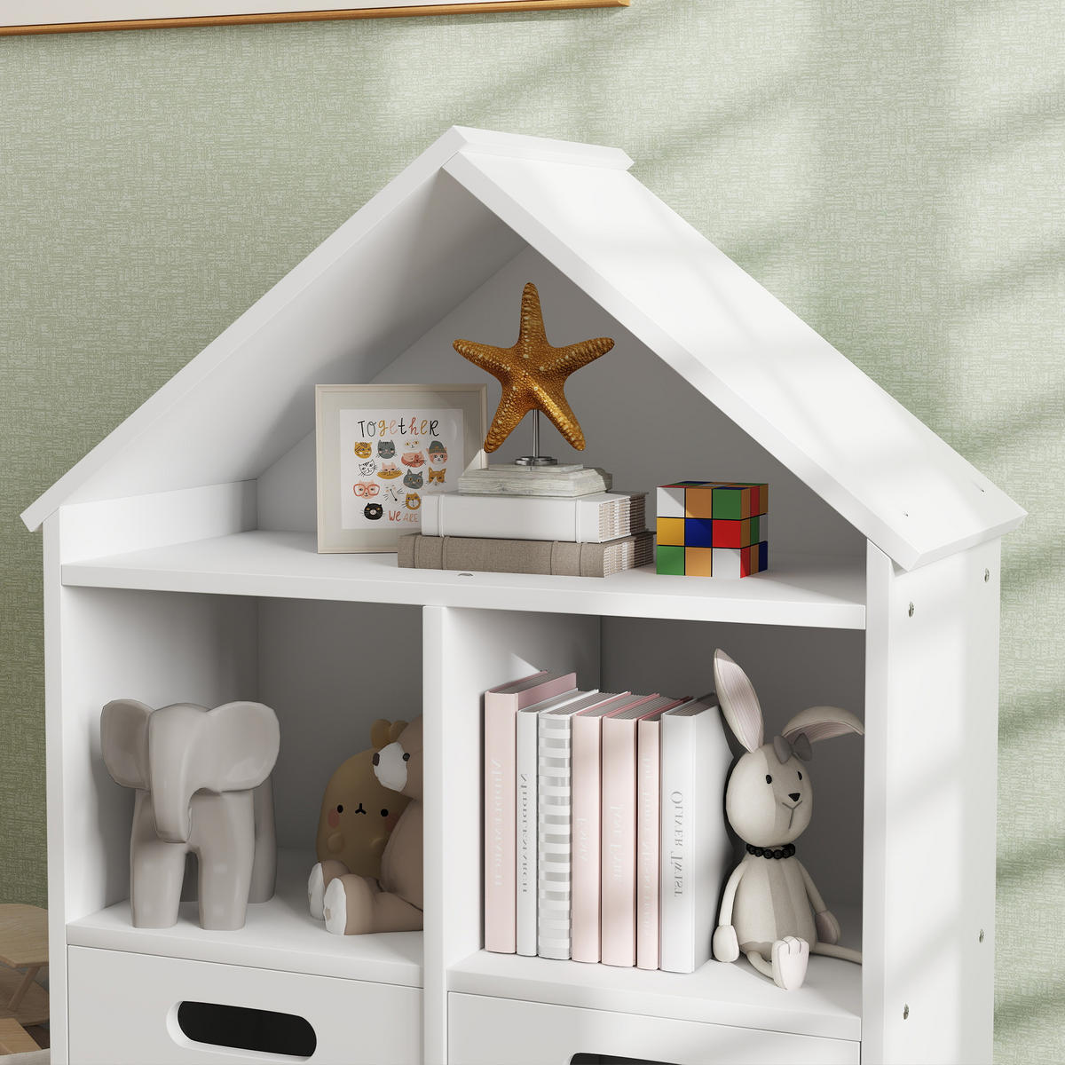 KINDERREGAL DE-17241 3 Ebenen mit 2 Schubladen, Hausform Weiß - Weiß, Holzwerkstoff (63.7/89.5/29.7cm) - ComfortXL