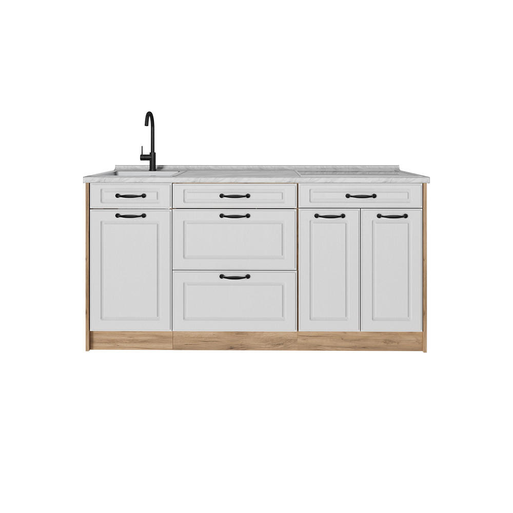 KÜCHENBLOCK R-Line, Weiß Landhaus/Goldkraft Eiche, 160 cm Arbeitsplatte Marmor - Eichefarben/Weiß, Holzwerkstoff (160/81.6/60cm) - Vicco