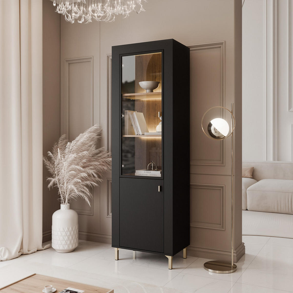 VITRINE AVENA Glastüren, 60/40/194 cm Schwarz / Eiche - Schwarz, Holzwerkstoff/Kunststoff (60/194/40cm) - Idohome