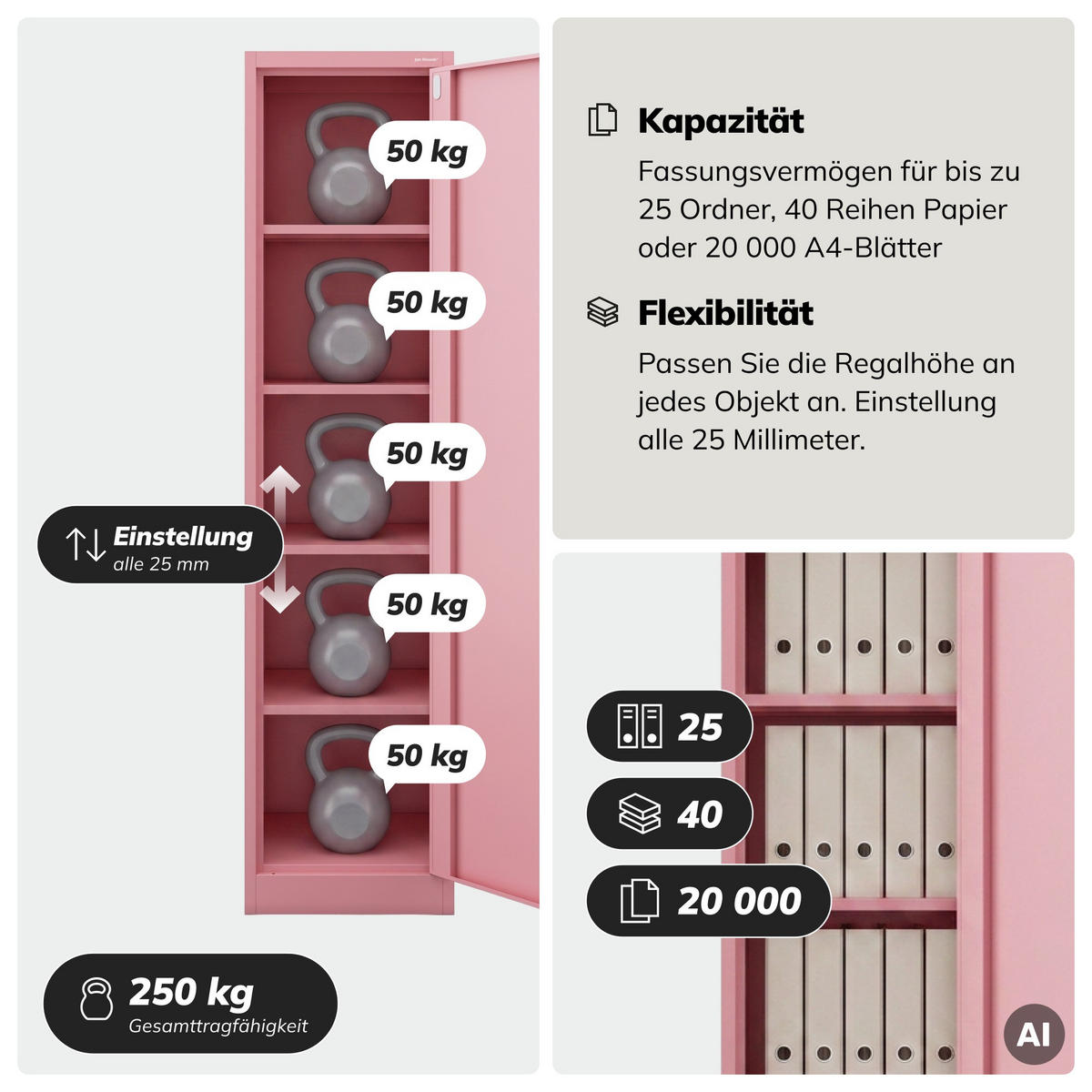 BÜRO Aktenschrank ALEX Fresh Style - Rosa, Metall (45/185/40cm) - Jan Nowak