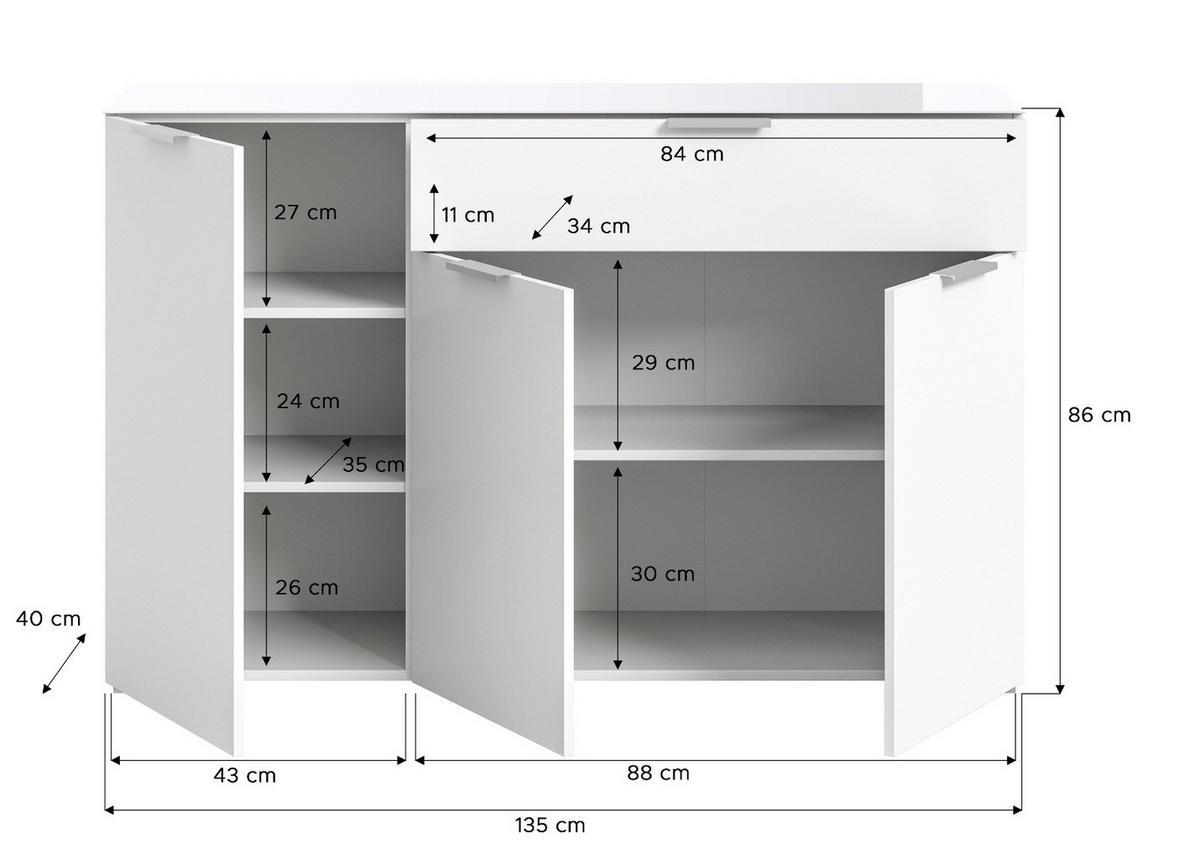 SIDEBOARD weiß Hochglanz 138 cm, Kommode 3-türig - Weiß Hochglanz/Schwarz, Holzwerkstoff/Kunststoff (138/86/37cm) - Inn.Furn