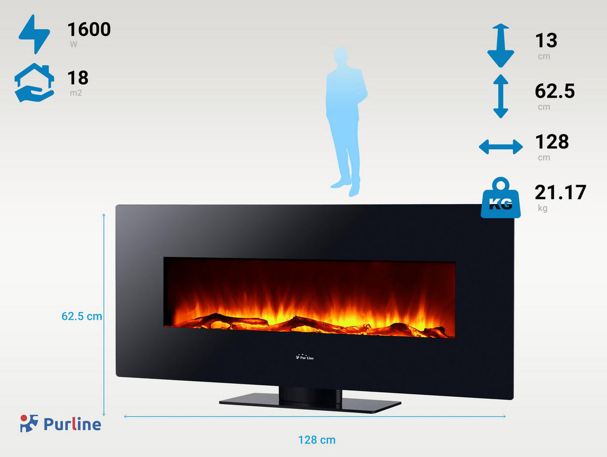 ELEKTROKAMIN Schwarz Wandmodell mit Heizung 1600 W - Schwarz, Glas (128/63/13cm) - Purline