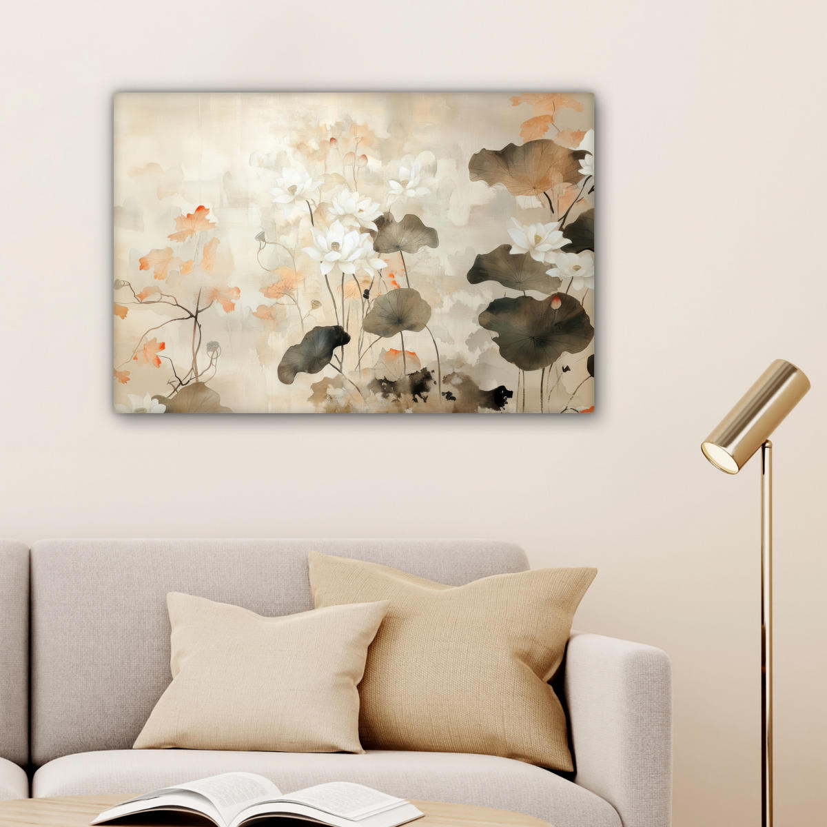 LEINWANDBILD Blumen - Japandi - Wabi sabi Gemälde 60x40 cm - Sandfarben, Textil (60/40cm) - MuchoWow