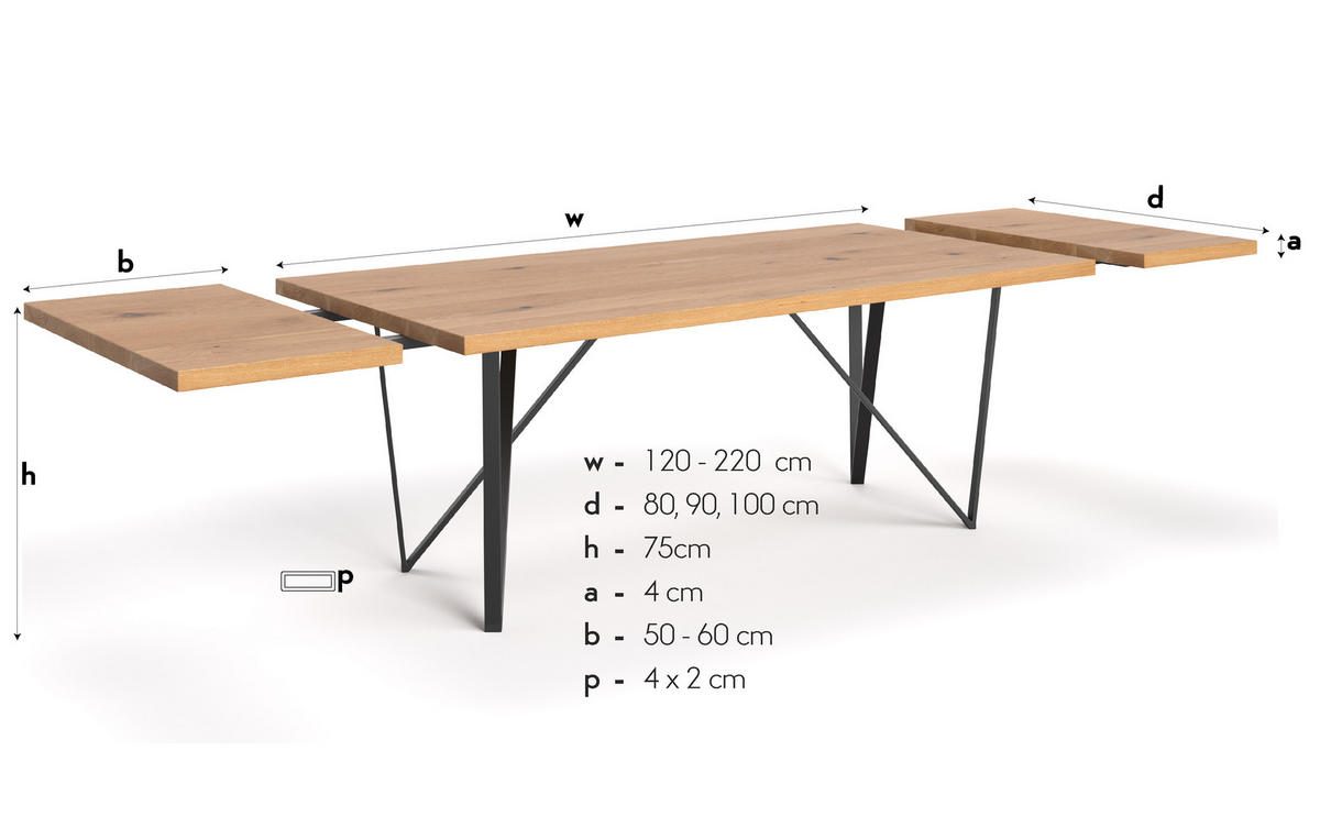 TISCH Ausziehbar Ravel aus massivem Eichenholz 180x100 cm + Tischverlängerungen 2x50 cm - Eichefarben/Schwarz, Holz/Metall (180/100/75cm) - Danzz