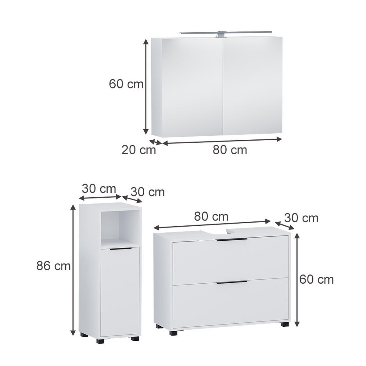 BADMÖBEL-SET Alina Weiß 3 Teile - Weiß, Holzwerkstoff (80/60/30cm) - Vicco