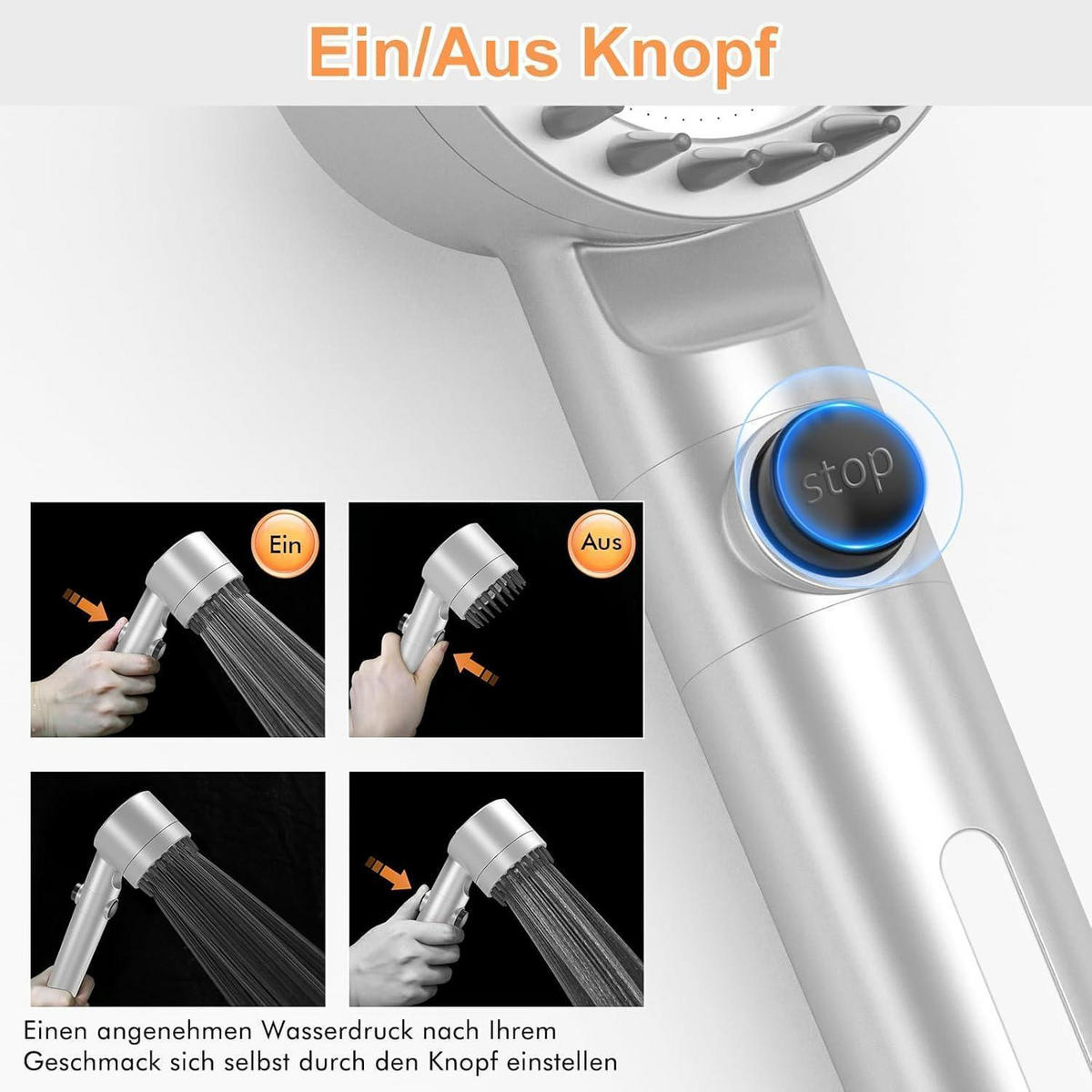HANDBRAUSE mit 15-Schicht-Filter und 3+1 Strahlarten Silber - Silberfarben, Metall (9/12.7/27cm)