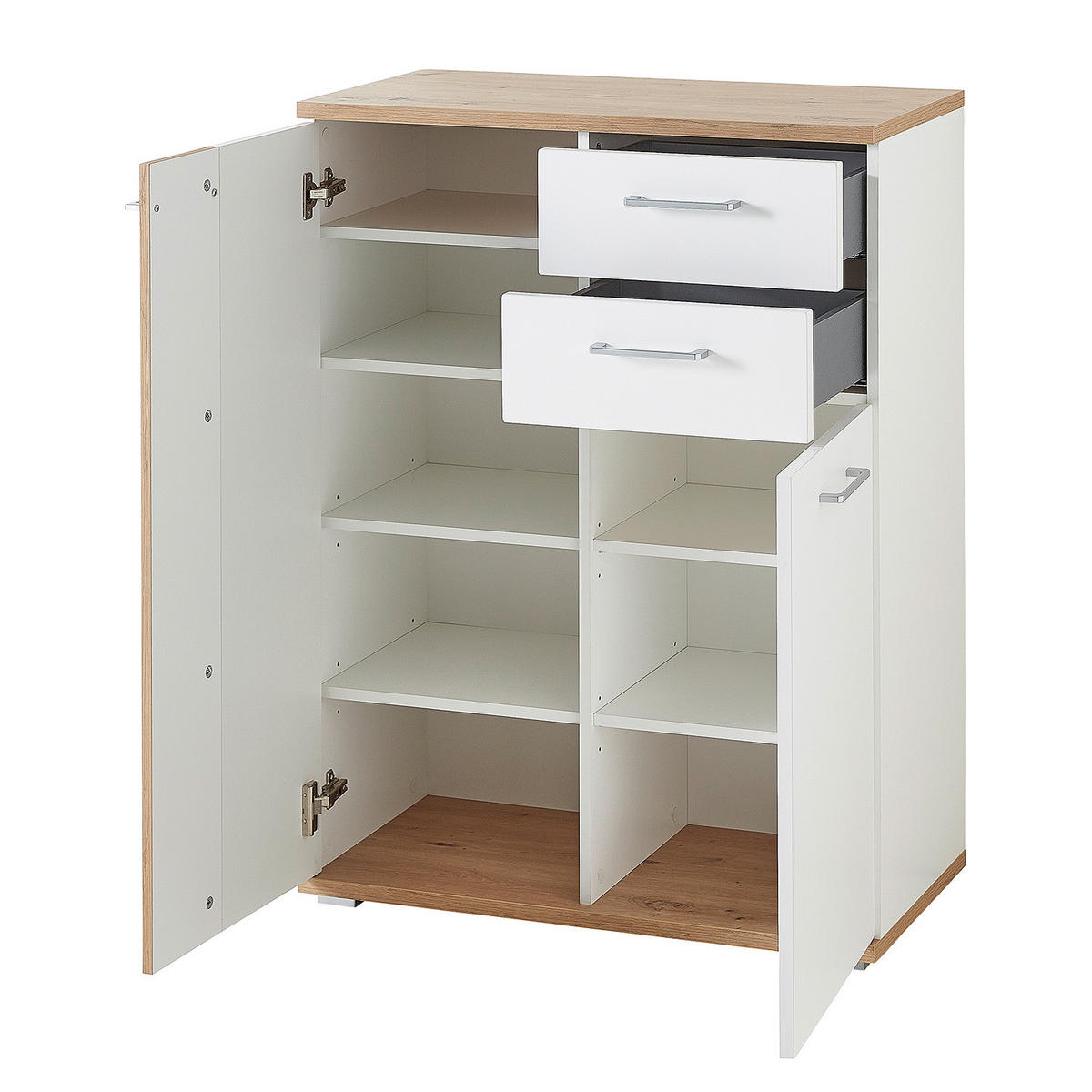 SCHUHKOMMODE - Weiß / Eiche Artisan Dekor - Chromfarben/Silberfarben, Holzwerkstoff/Kunststoff (80/106/38cm) - home24