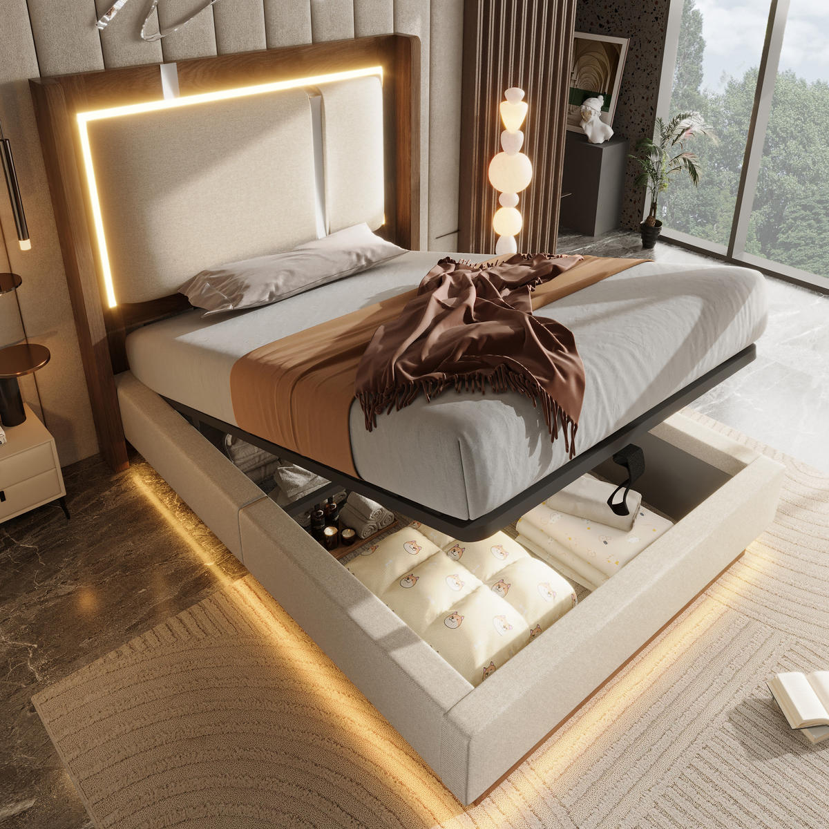 POLSTERBETT 90/200 cm in Beige Leinen mit LED und Bettkasten - Beige, Holzwerkstoff/Textil (90/200cm) - WISHDOR