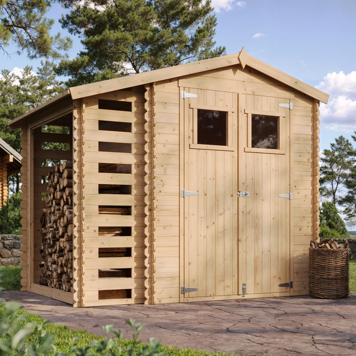 GARTENHAUS aus Holz mit Brennholzschuppen - imprägnierter Boden - 3,53 + 0,97 m2 - M386+M386G - Beige, Holz (256/218/206cm) - Timbela