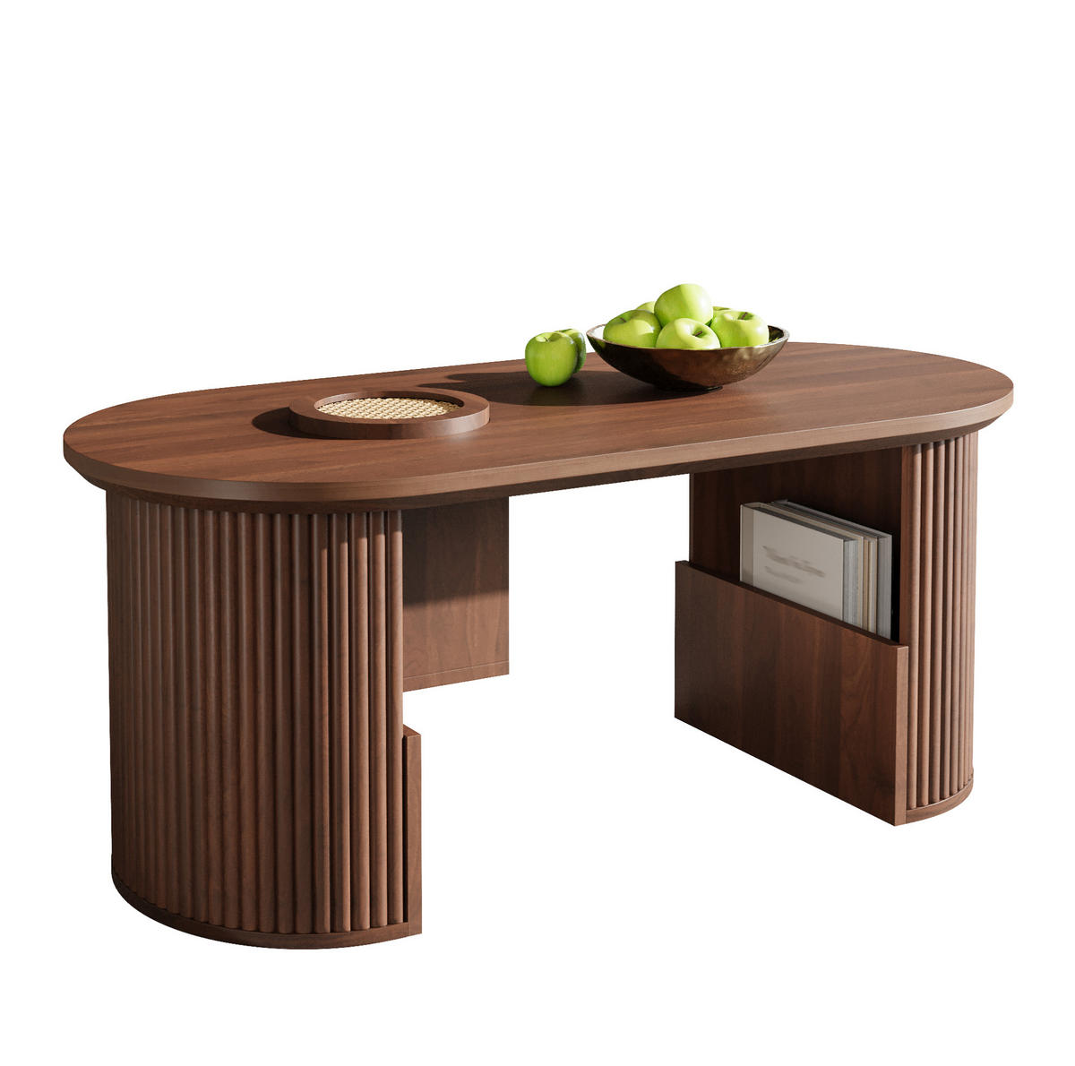 KONFERENČNÝ stolík z MDF, 105/50/46,5 cm orechový, oválny s úložným priestorom - farba orecha, kompozitné drevo (105/50/46.5cm) - BEAOK
