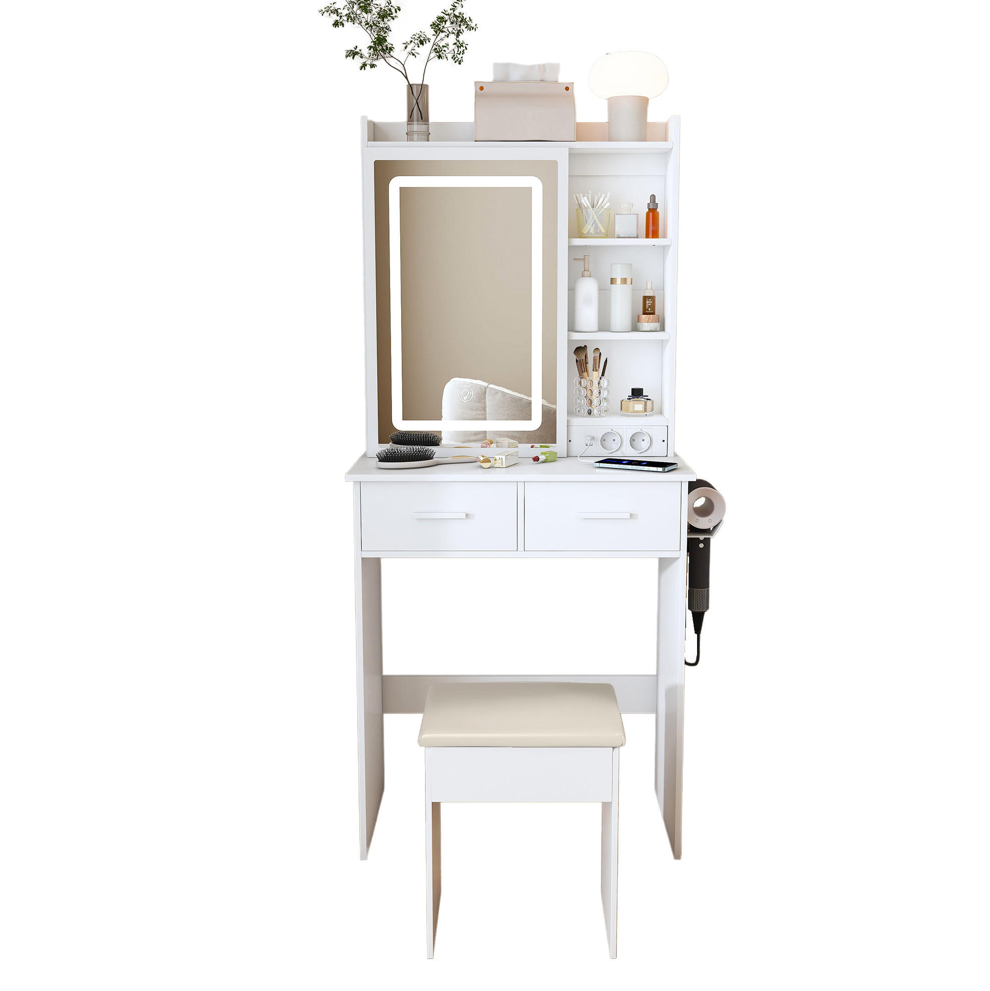 KOZMETIČNA miza, 60/136/36 cm, MDF bela, z LED-osvetlitvijo, USB-priključki in taburejem - bela, leseni material (36/136/60cm) - BEAOK