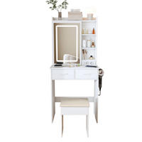 KOZMETIČNA miza, 60/136/36 cm, MDF bela, z LED-osvetlitvijo, USB-priključki in taburejem - bela, leseni material (36/136/60cm) - BEAOK