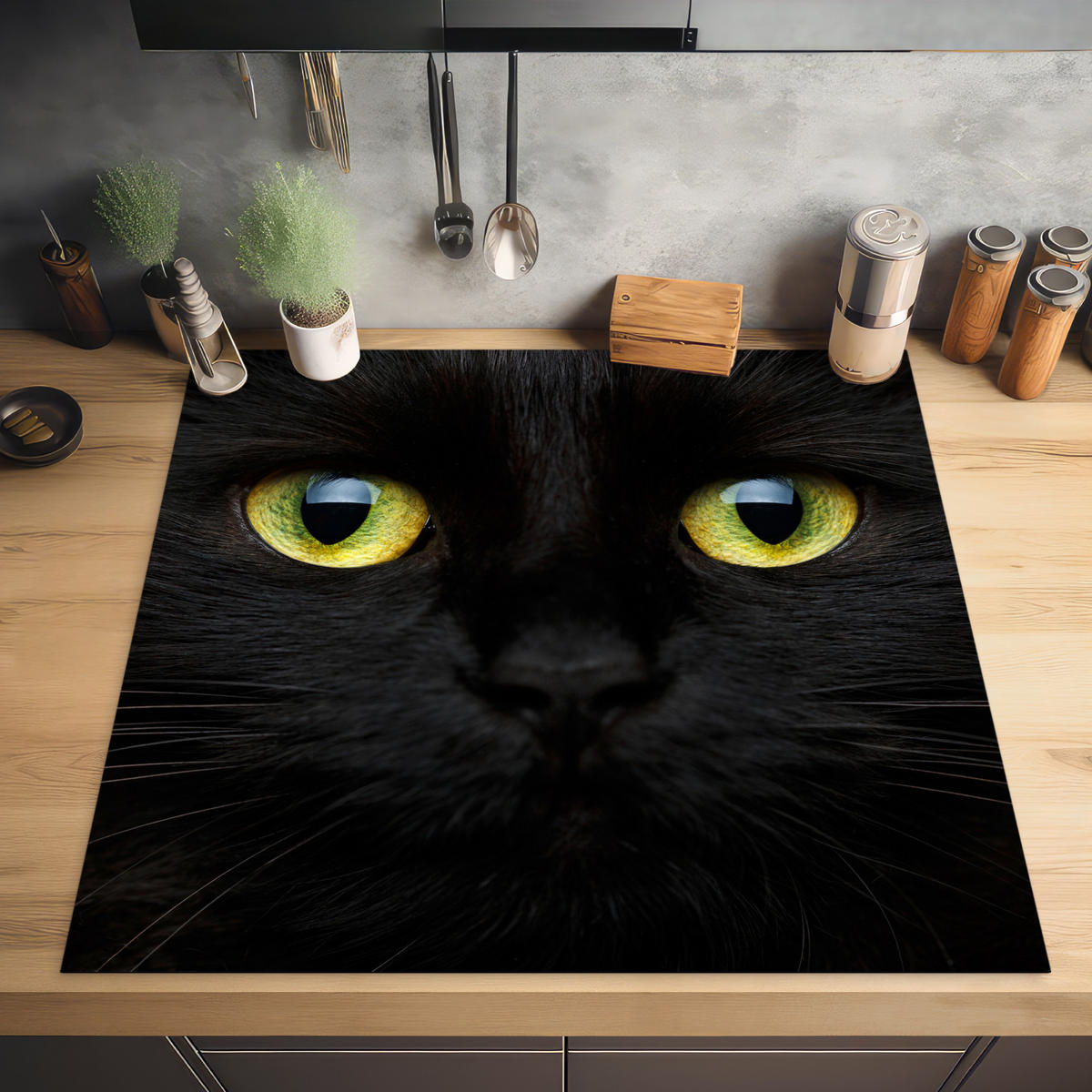 HERDABDECKPLATTE Katze - Augen - Gelb - Schwarz Induktionsmatte 78x78 cm - Schwarz, Kunststoff (78/78/0.2cm) - MuchoWow