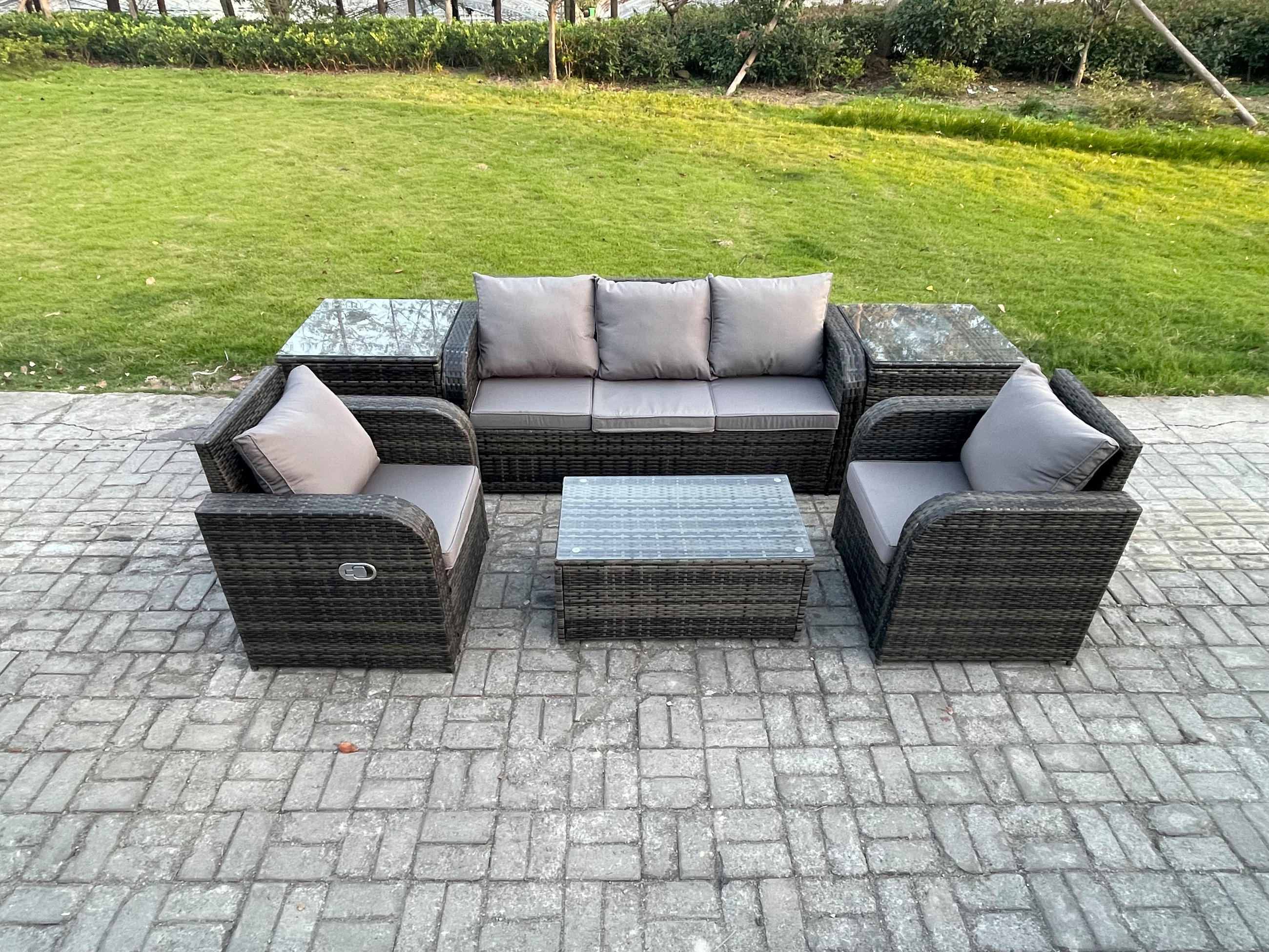 GARTENMÖBELSET mit Couchtisch Polyrattan 5-Sitzer - Dunkelgrau/Grau, Glas/Kunststoff - Fimous
