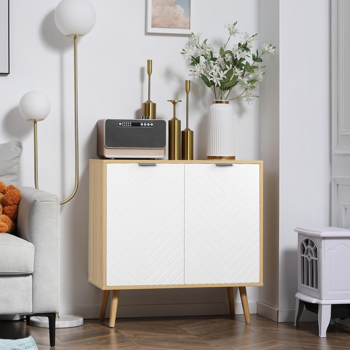 SIDEBOARD DE-11289 2 Türen Weiß/Naturholz - Weiß, Holzwerkstoff (77/77.5/35cm) - ComfortXL