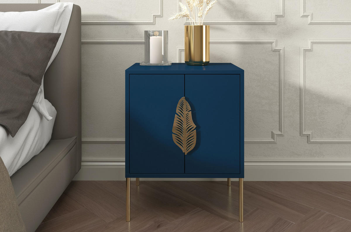 NACHTTISCH Merlin, Marinblau, Goldene Details - Goldfarben/Dunkelblau, Holzwerkstoff/Metall (54/69/40cm) - Skandica