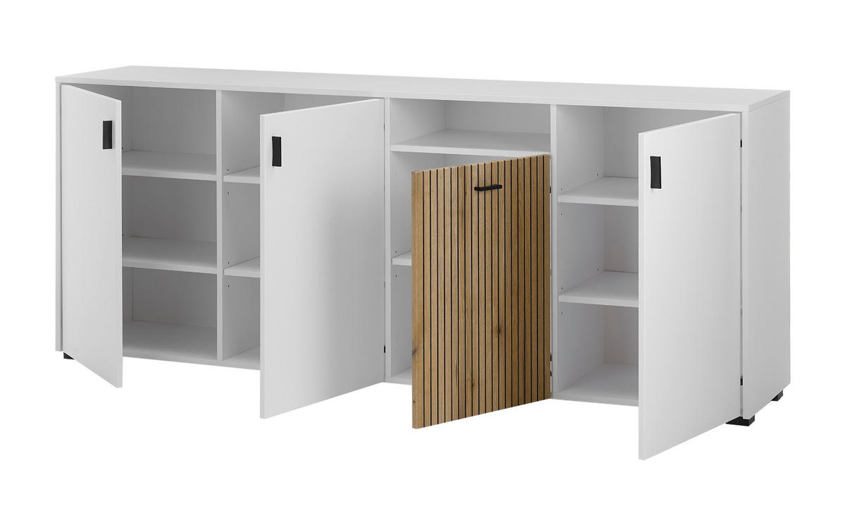 SIDEBOARD weiß matt, Eiche 200 cm, Kommode mit 12 Fächern und Soft-Close - Eichefarben/Schwarz, Holzwerkstoff/Kunststoff (200/80/42cm) - Furn.Design