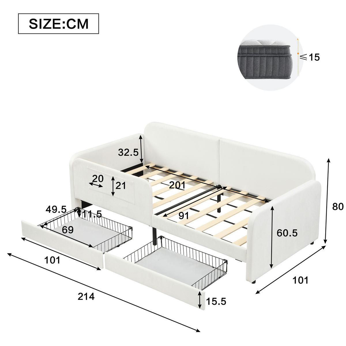 POLSTERBETT 90/200 cm Weiß aus Samt mit 2 Schubladen - Weiß, Textil (90/200cm) - OKMYHOME