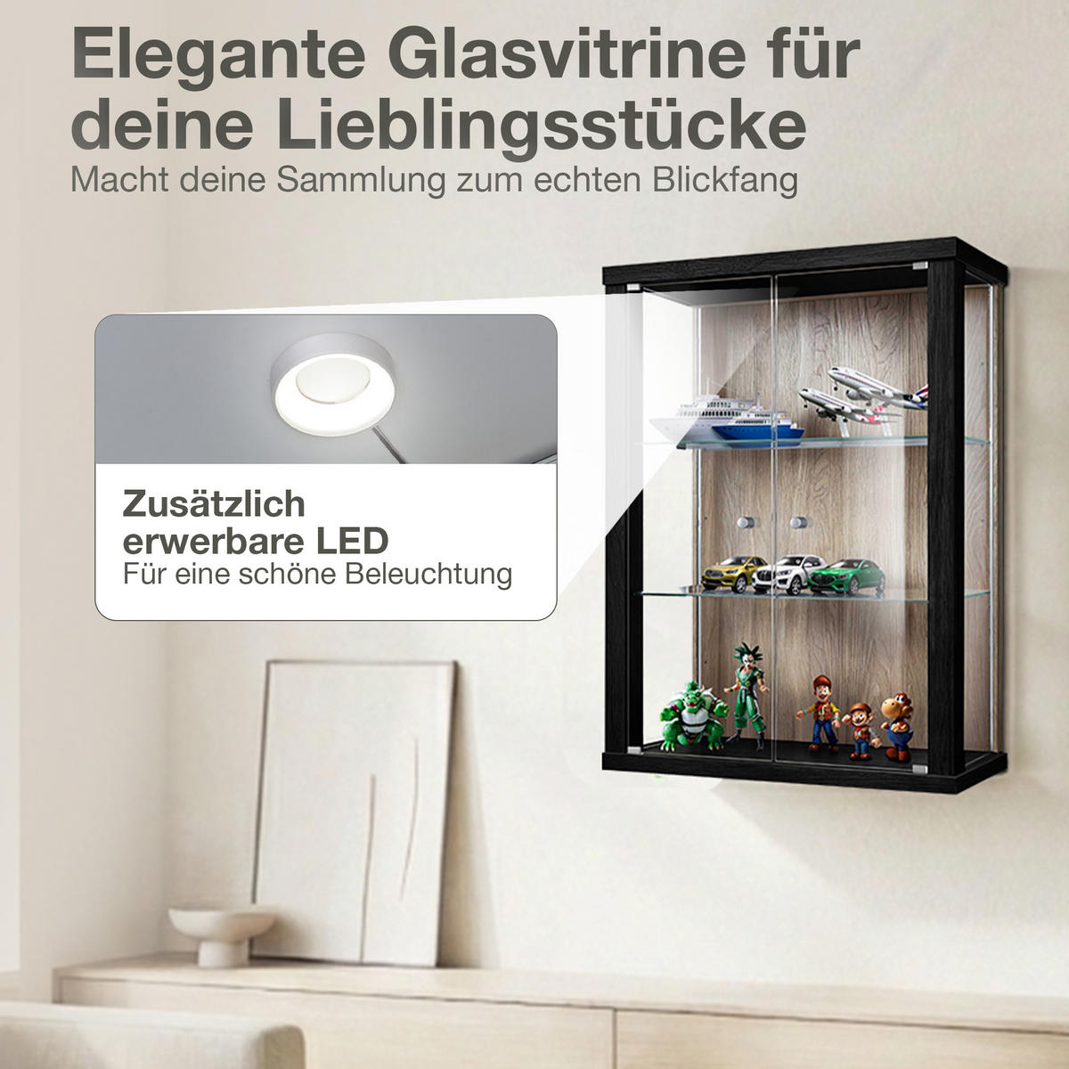 HÄNGEVITRINE 25/60/80 cm mit 2 höhenverstellbaren Glasböden - Transparent/Silberfarben, Glas/Holzwerkstoff (60/80/25cm) - K-Möbel