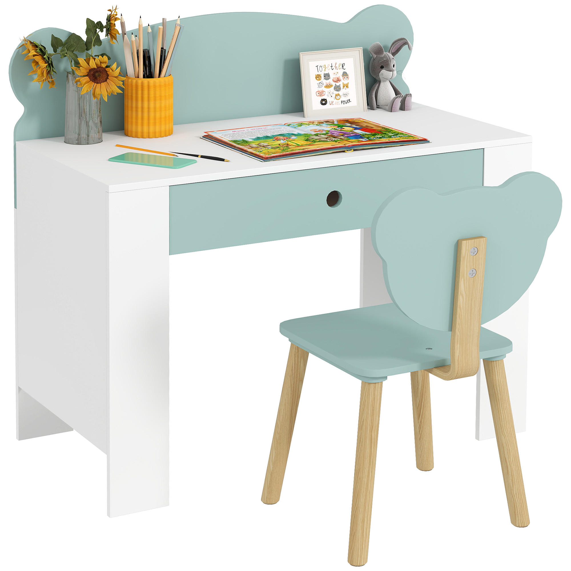 SCHREIBTISCH-SET DE-17553 mit Schublade und Bärenmotiv Grün - Grün, Holzwerkstoff (80/74.5/41cm) - ComfortXL