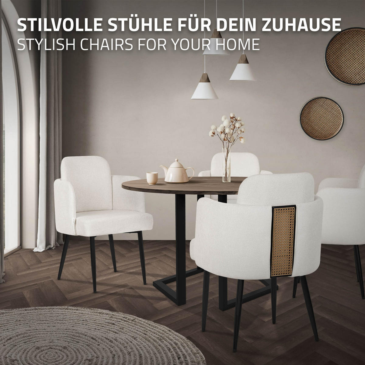 JÍDELNÍ ŽIDLE, sada 4 ks, béžová, s látkovým potahem v ratanovém vzhledu - černá/béžová, kov/textil (59/86/59cm) - ML-DESIGN