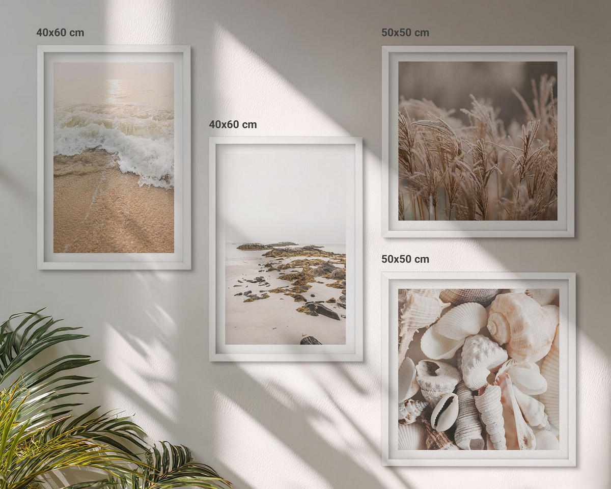 WANDBILDER 4er-Set - 50x50 cm & 40x60 cm Weißer Rahmen - Strandgras, Wellen, Steine, Boho-Stil - Weiß, Kunststoff (50/50cm) - ArtPrintCave