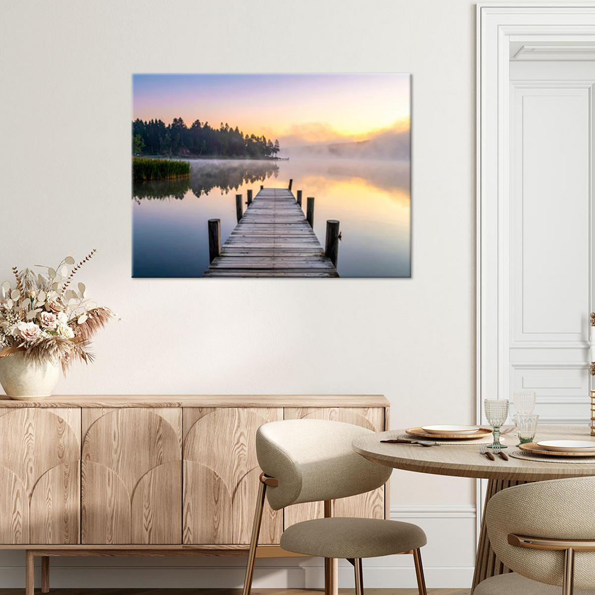 LEINWANDBILD Aussicht Steg See Wald im Nebel 120x80cm - Grau, Textil (120/80cm) - Feeby