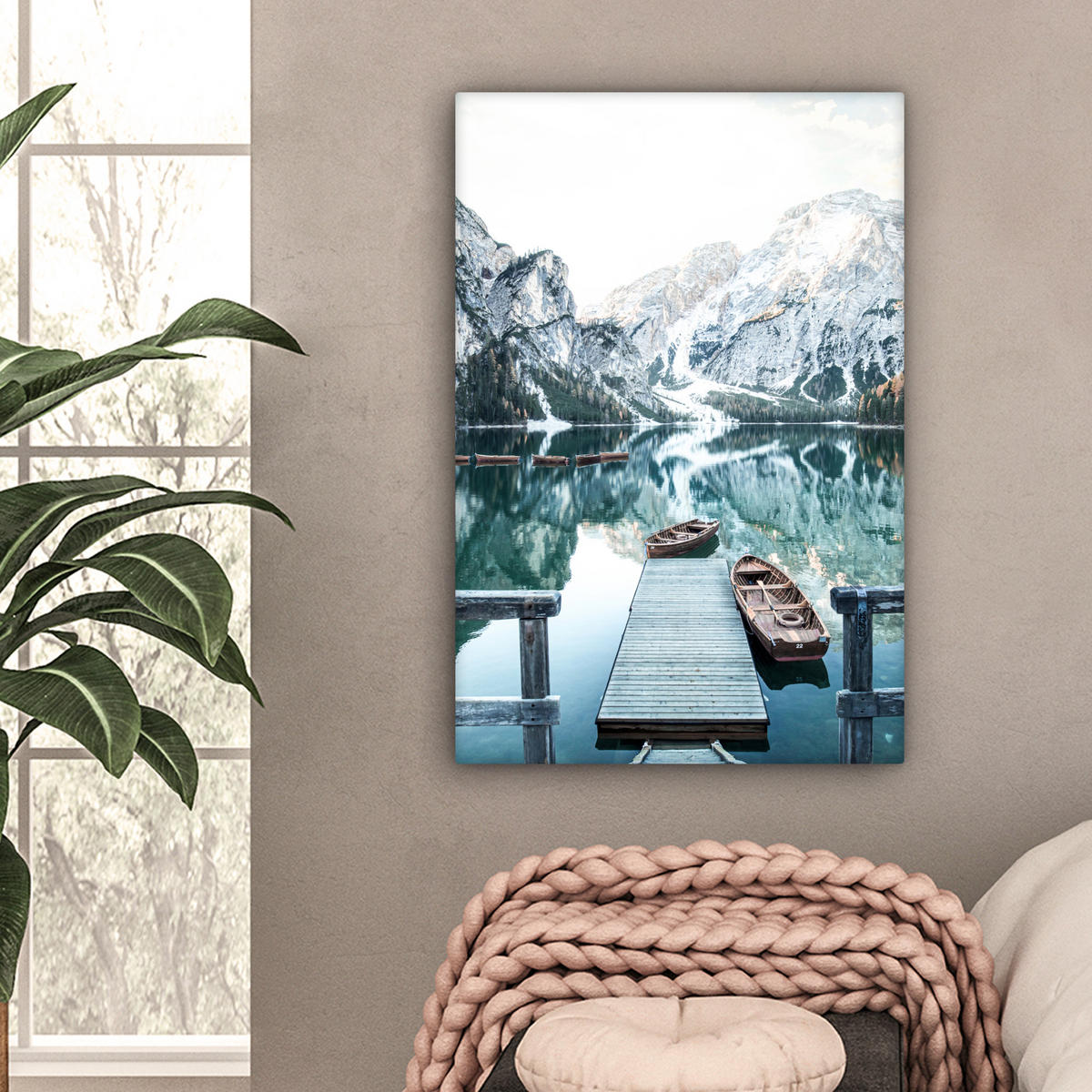 LEINWANDBILD Natur - Berge - Schnee - Wald - Boot 40x60 cm - Hellgrün, Textil (40/60cm) - MuchoWow