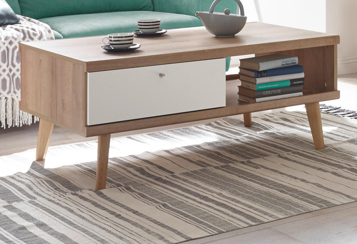 COUCHTISCH weiß Eiche Riviera, Beistelltisch skandinavisch mit Schubkasten 107 x cm - Eichefarben/Weiß, Holzwerkstoff/Metall (107/67/46cm) - Furn.Design