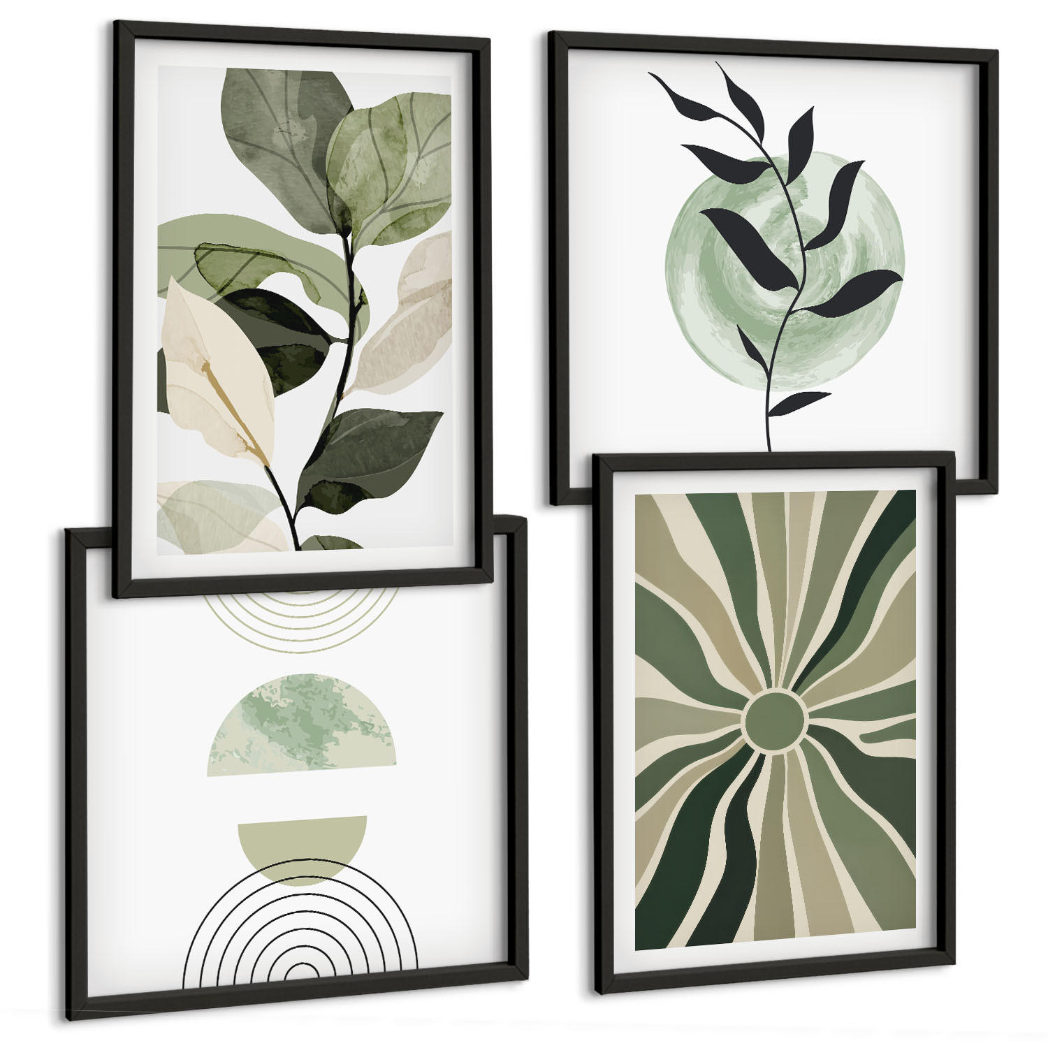 BILDER SET 4er Set - 50x50 cm & 40x60 cm Schwarzer Rahmen - Geometrische Pflanzenformen - Schwarz, Kunststoff (50/50cm) - TULUP
