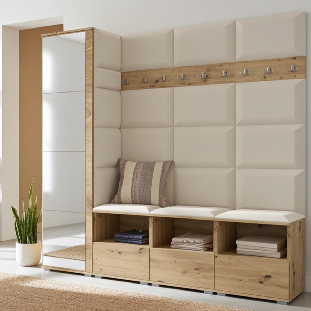 GARDEROBE NELA IX 200 cm (Modulare Flurmöbel Artisan Eiche mit Spiegel & Sitzpolster Creme 01 Breite Sitzbank) - Silberfarben/Creme, Holz/Holzwerkstoff (200/187/40cm) - Ravio