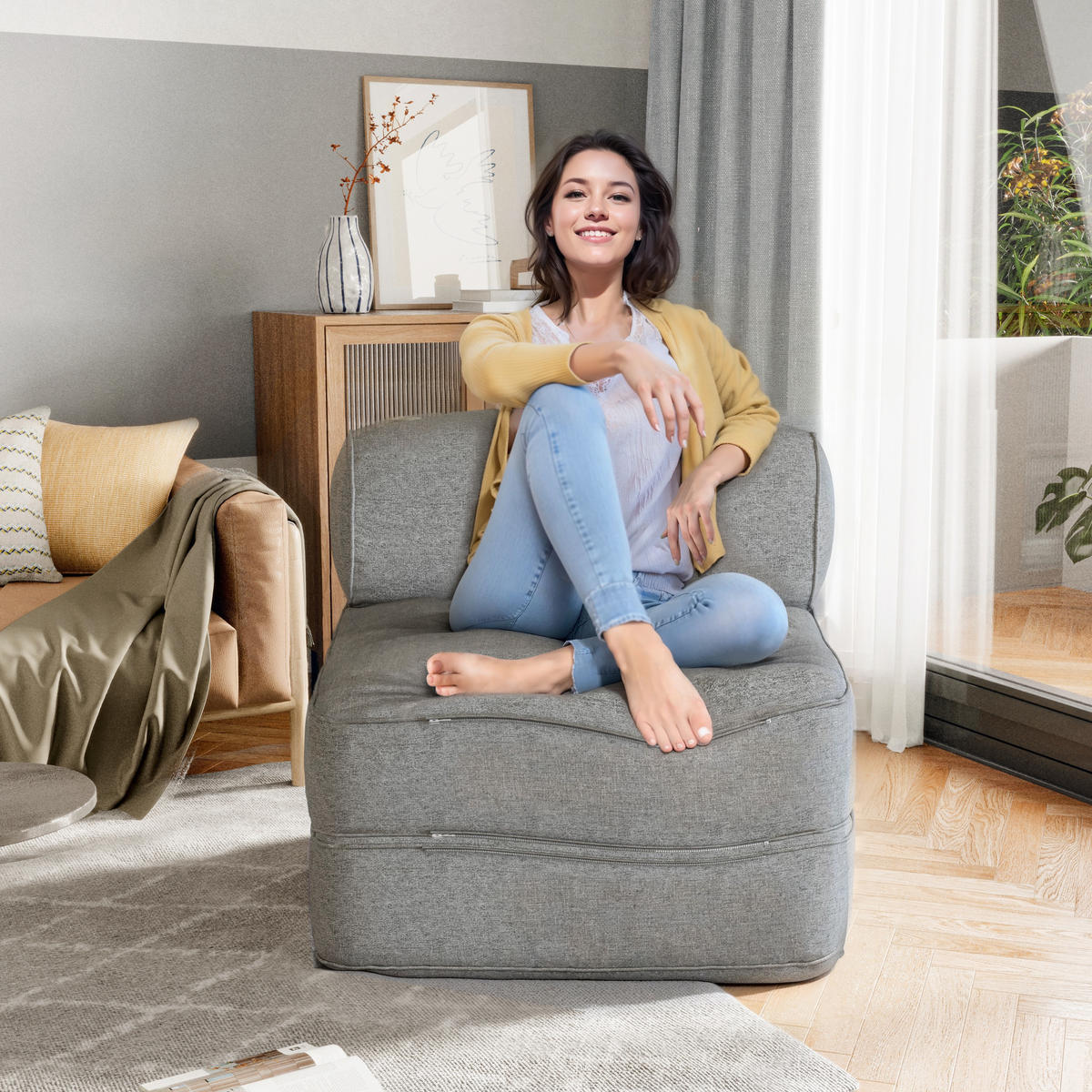SITZSACK Faltbar Modular Leinen grau Sofa - Grau, Textil (76/82/76cm) - Vercart