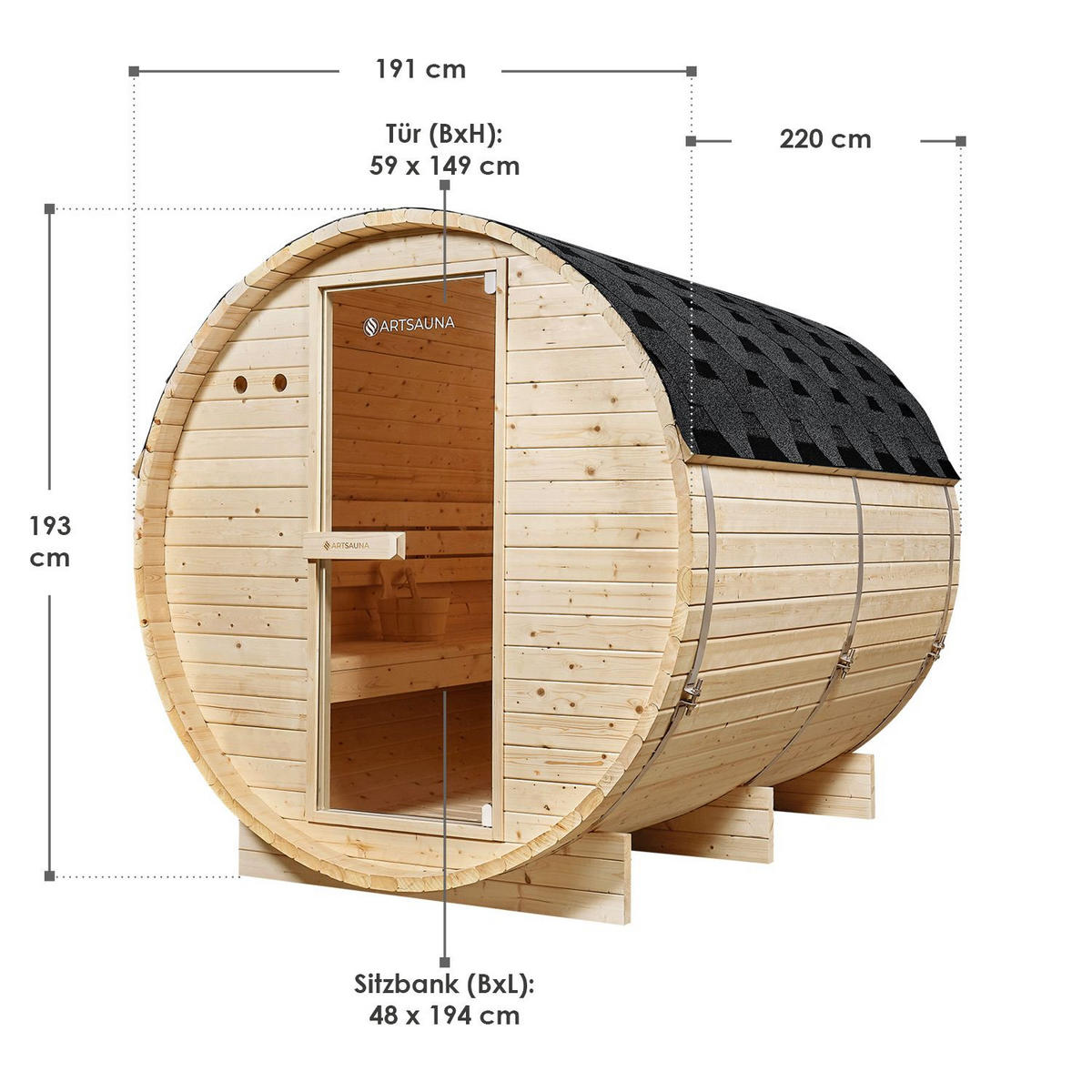 FASSSAUNA Spitzbergen 220 cm mit 8 kW Saunaofen (6 Personen) - Naturfarben, Holz (191/193/220cm) - Artsauna