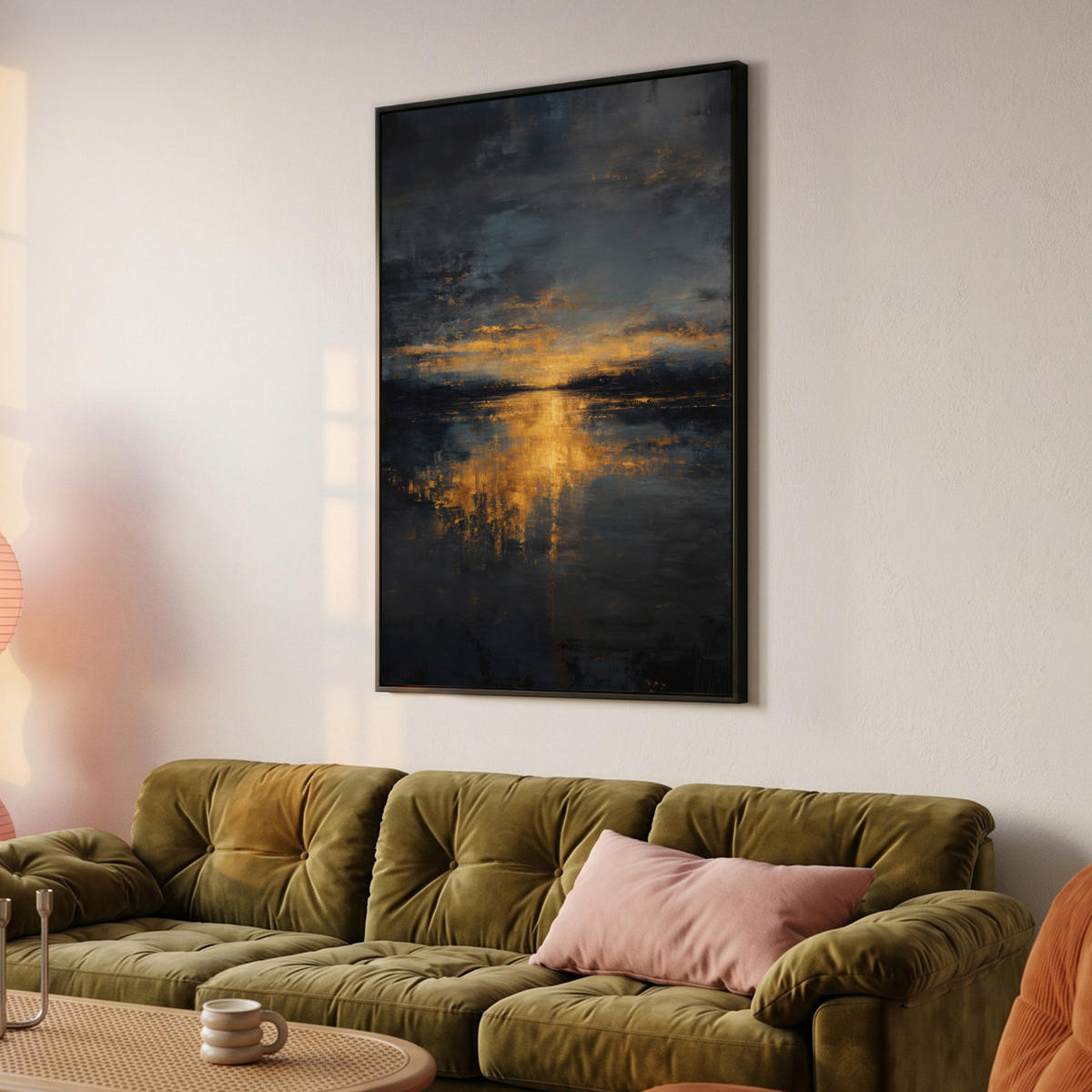LEINWAND Bilder mit Rahmen - Goldene Reflexion auf dem Wasser - 100x150 - Anthrazit, Textil (100/150cm) - MuchoWow