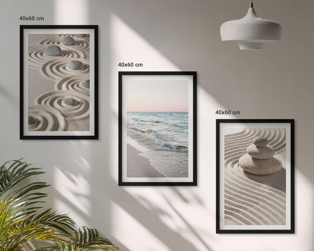 BILDER SET 3er Set - 40x60 cm Schwarzer Rahmen - Wellen, Sand, Wasser, Steine, Strand - Schwarz, Kunststoff (40/60cm) - TULUP