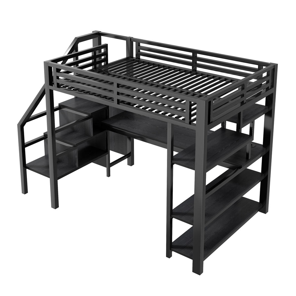 HOCHBETT 140/200 cm aus Metall/MDF mit Treppe, Schreibtisch und Kleiderschrank Schwarz - Schwarz, Holzwerkstoff (140/200cm) - Modenvie