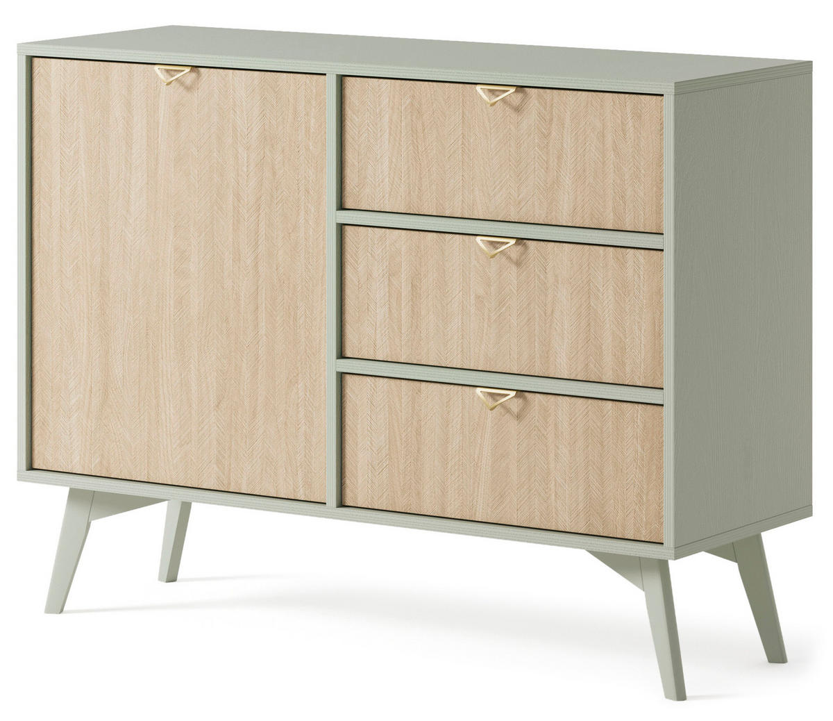 KOMMODE Silva 106 cm in der Farbe Eukalyptus + Scandi-Fischgrätmuster mit Türen und Schubladen - Goldfarben/Grün, Holz/Holzwerkstoff (106/81/38cm) - Ravio