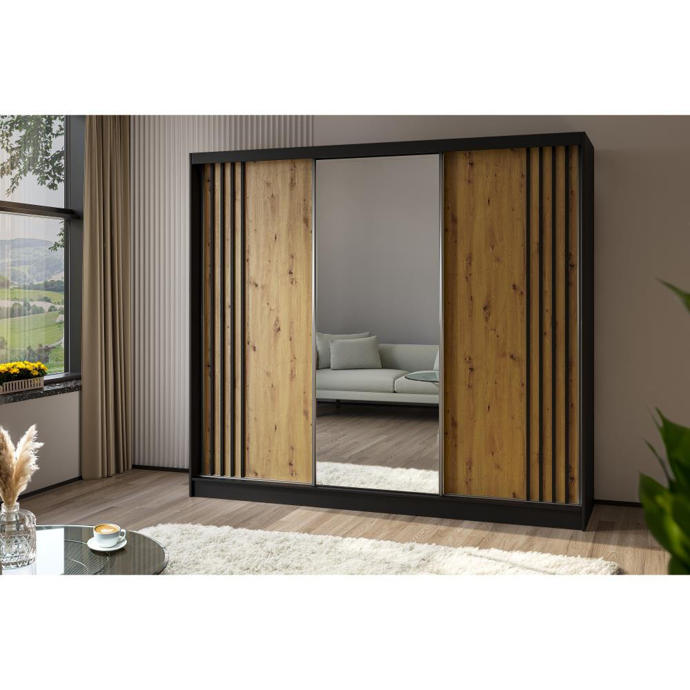 SCHWEBETÜRENSCHRANK Nela 240/216/61 schwarz mit Schubladen - Schwarz/Eiche Artisan, Holzwerkstoff (240/216/61cm) - Beautysofa
