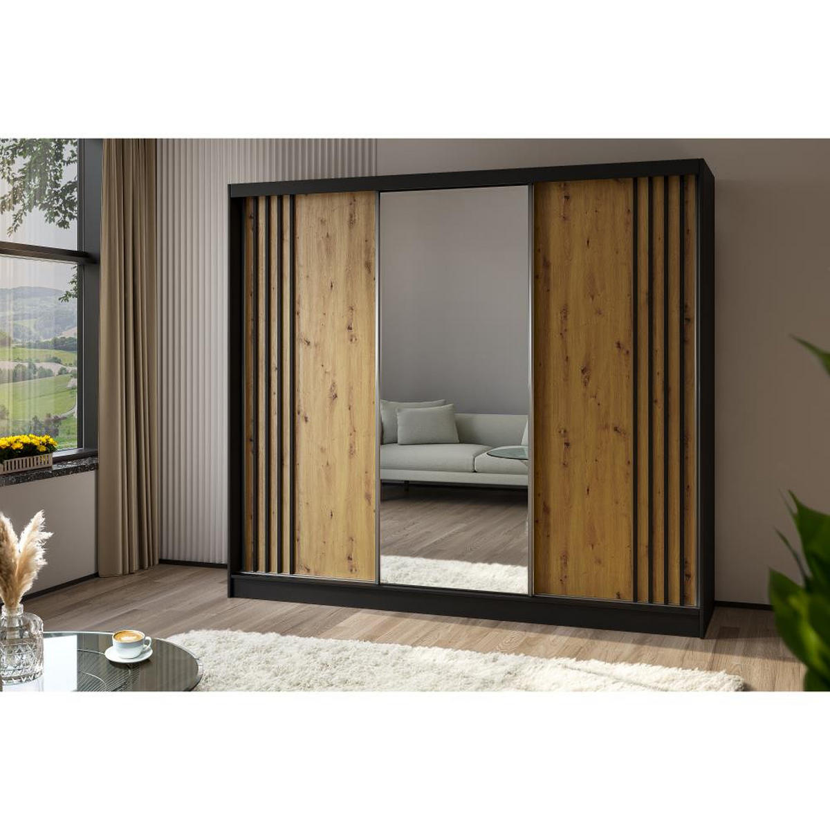 SCHWEBETÜRENSCHRANK Nela 240/216/61 schwarz mit Schubladen - Schwarz/Eiche Artisan, Holzwerkstoff (240/216/61cm) - Beautysofa